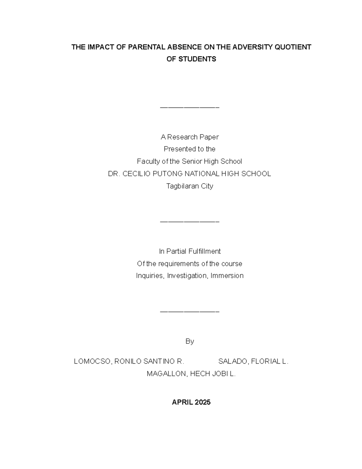 Impact of Parental Absence on Students' Adversity Quotient (AQ ...
