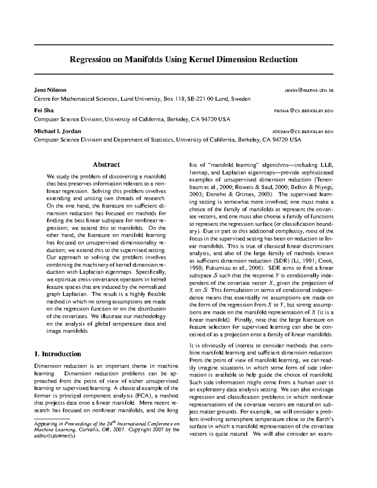 Manifold Kernel Dimension Reduction for Nonlinear Regression (CS 2007 ...