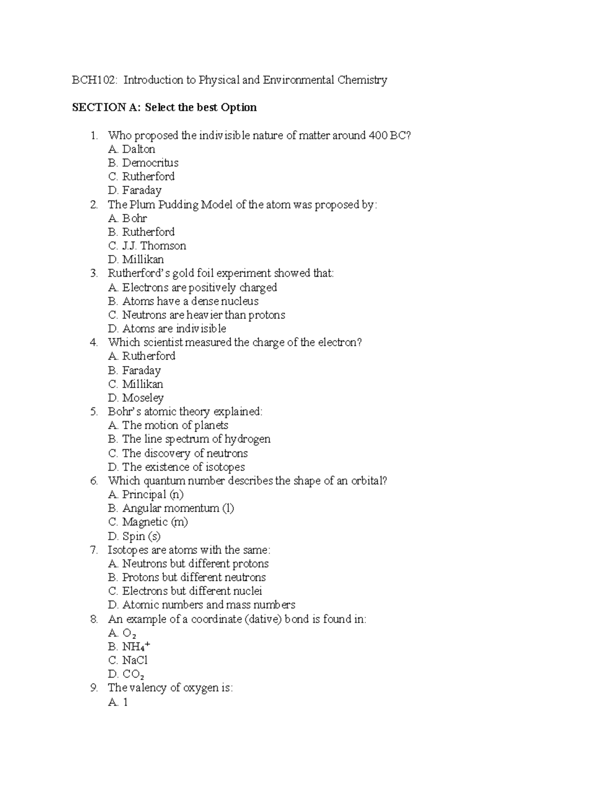 BCH102: Physical Chemistry Exam Questions and Concepts 2025 - Studocu
