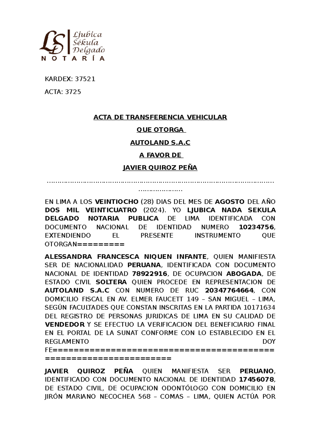 ACTA DE TRANSFERENCIA VEHICULAR - AUTOLAND S.A. A JAVIER QUIROZ PEÑA - Document Preview