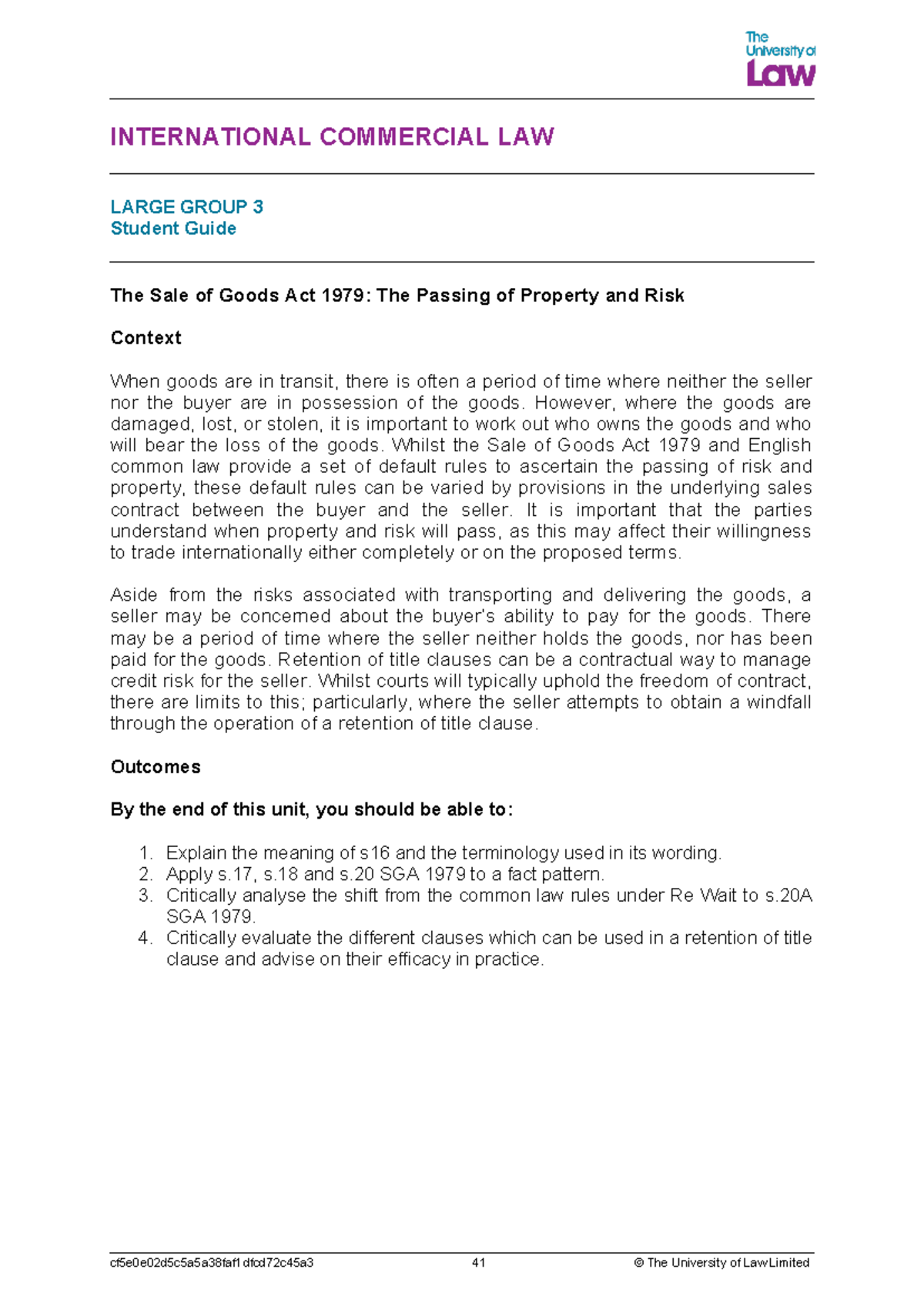 INTERNATIONAL COMMERCIAL LAW LG3 Student Guide: Sale of Goods Act 1979 ...