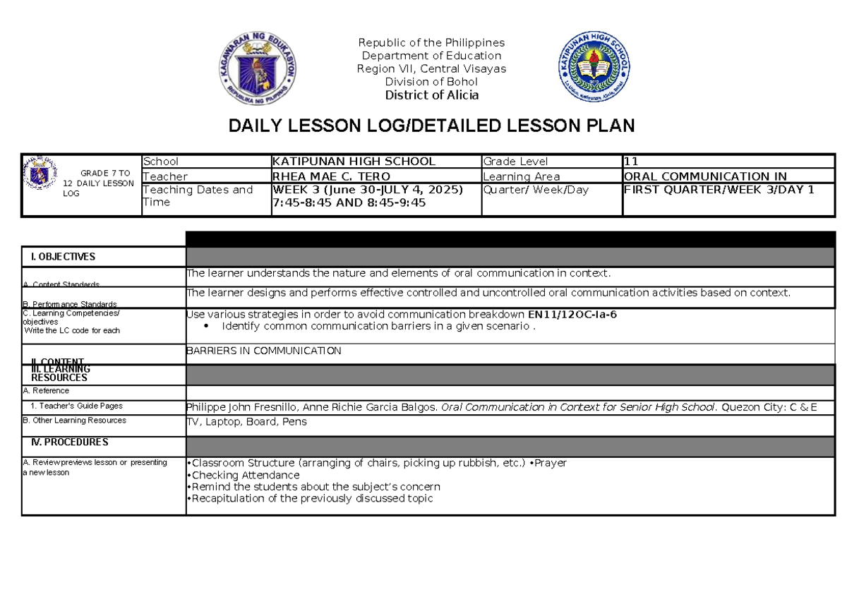 WEEK 3 DAILY LESSON LOG GRADE 11 ORAL COMMUNICATION 2025-2026 - Studocu