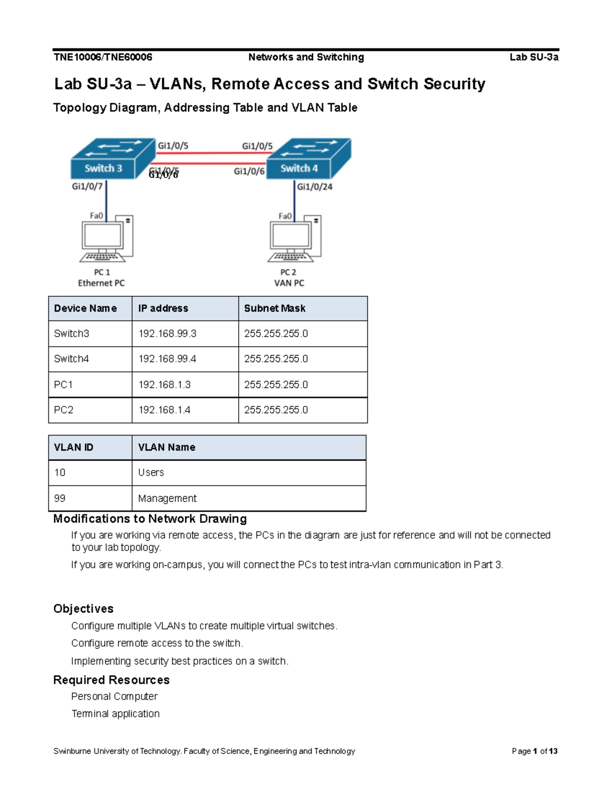 Lab SU-3a - Networks and Switching Lab: VLANs, Remote Access & Security ...