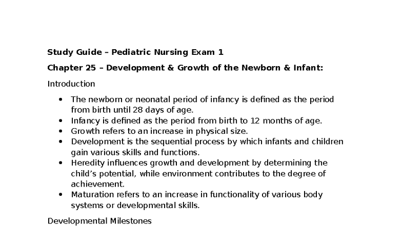 PEDS 101: Study Guide for Pediatric Nursing Exam 1 - Growth ...