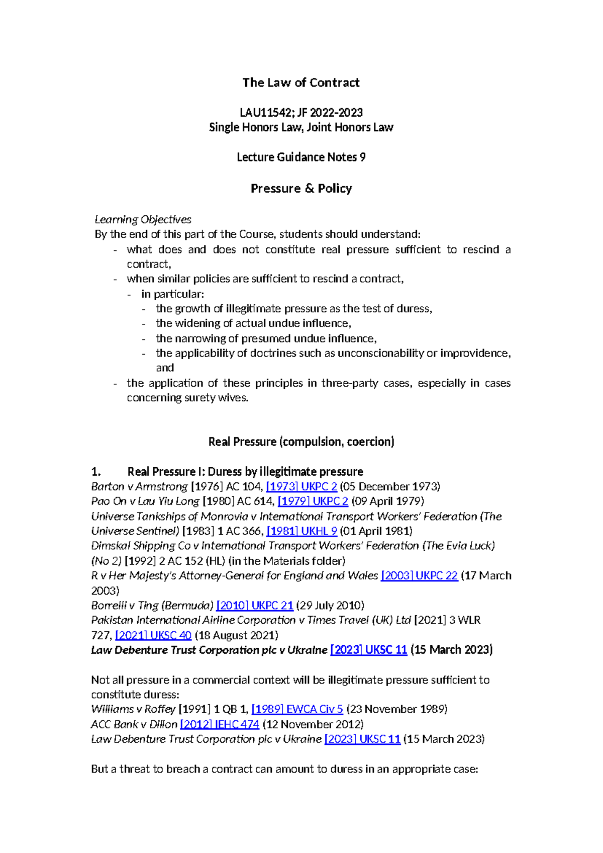 Lecture Guidance Notes 9 - Pressure & Policy in Contract Law (LAU11542 ...