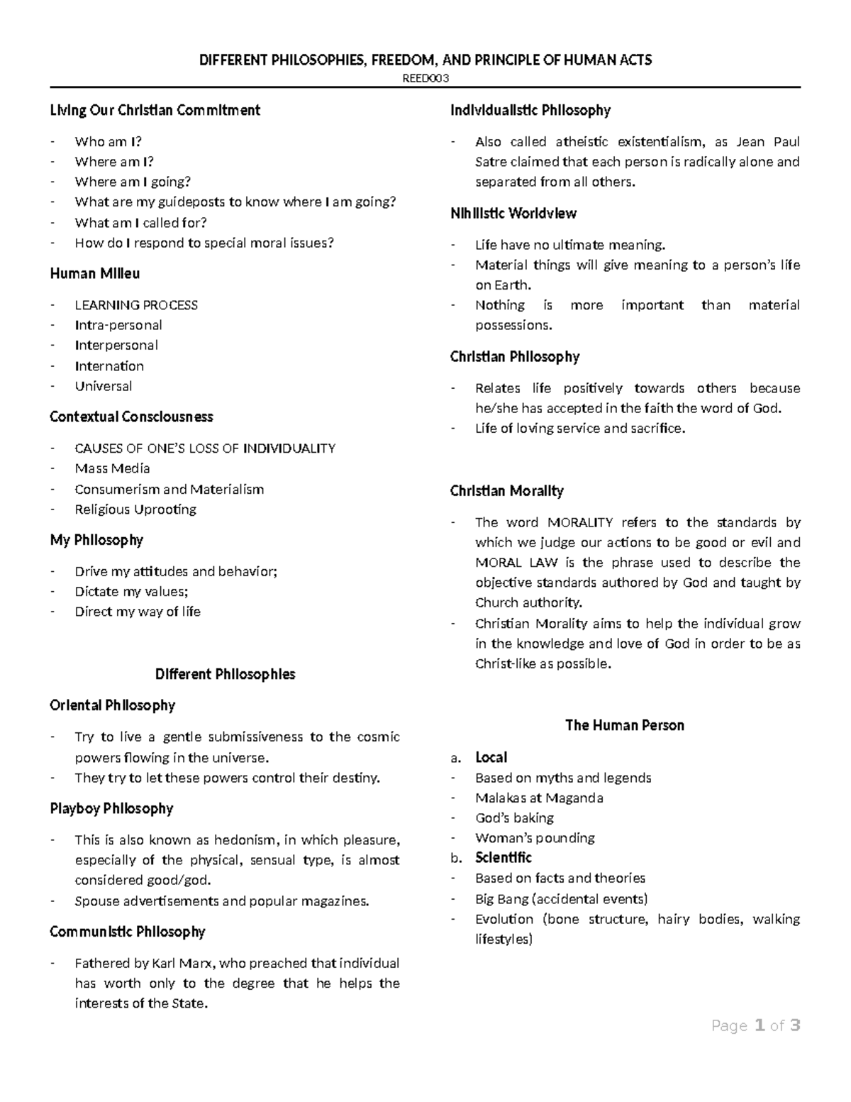 Philosophies of Freedom and Principles of Human Acts - REED Study Guide ...