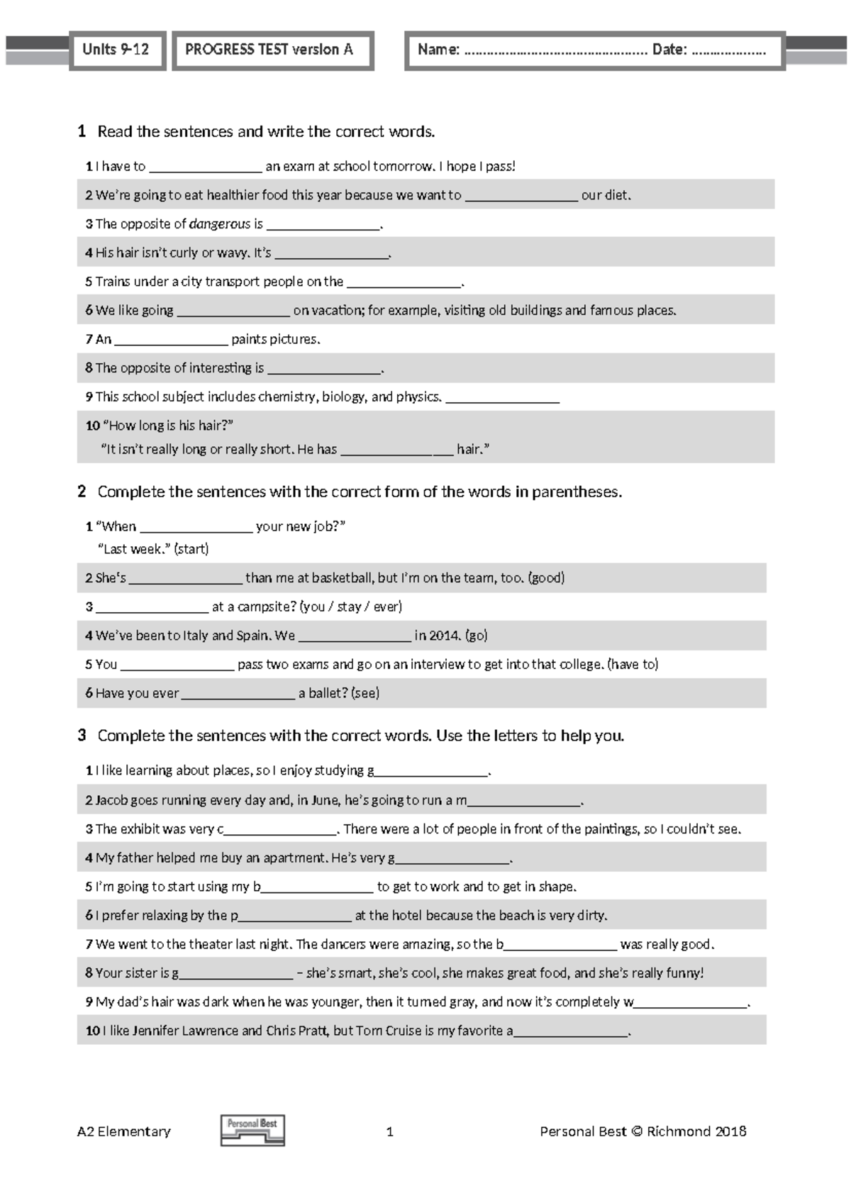 PB Am E A2 Term Test Units 9-12 Version A - Studocu