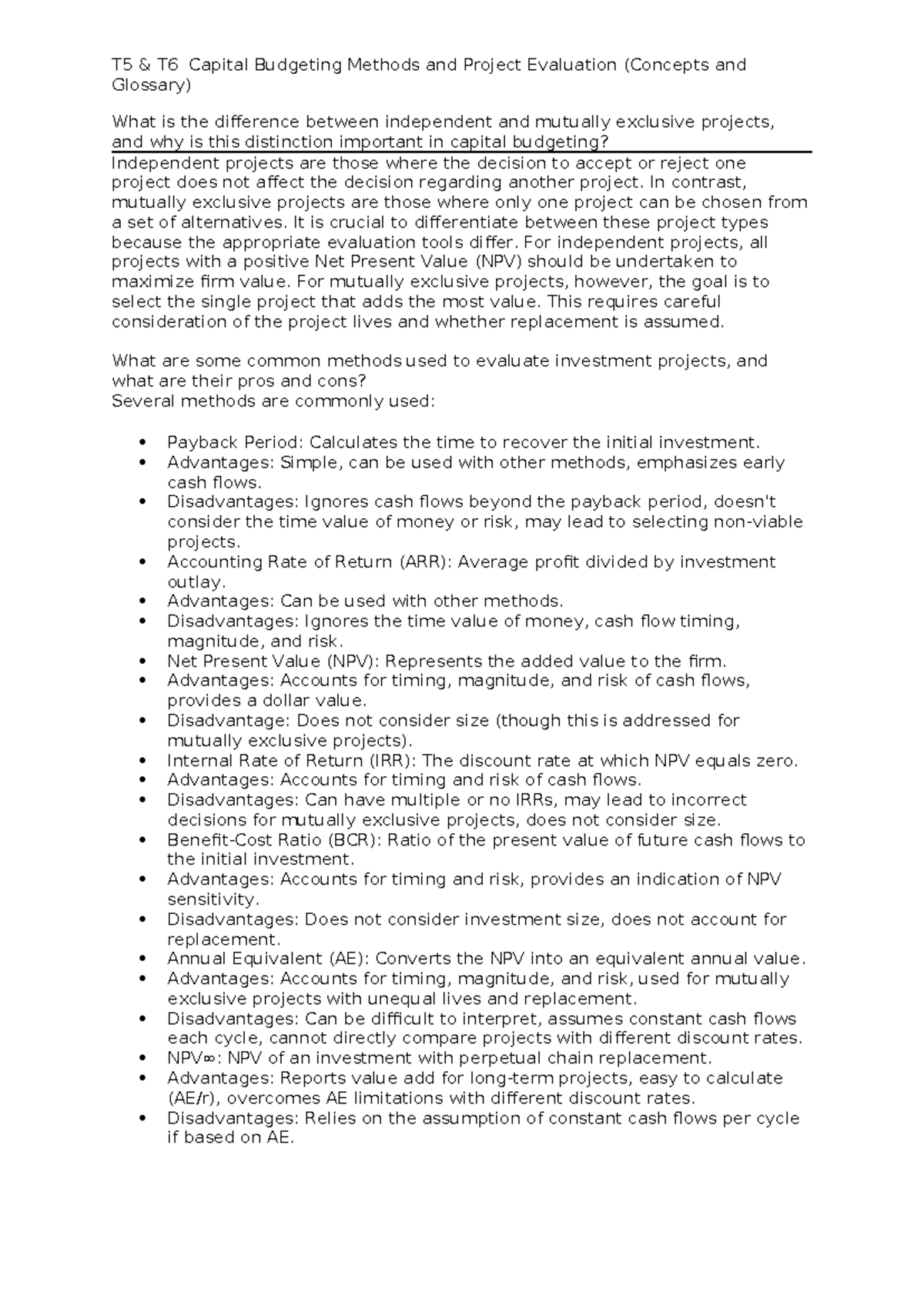 T5 & T6 Capital Budgeting Methods: Project Evaluation Insights - Studocu