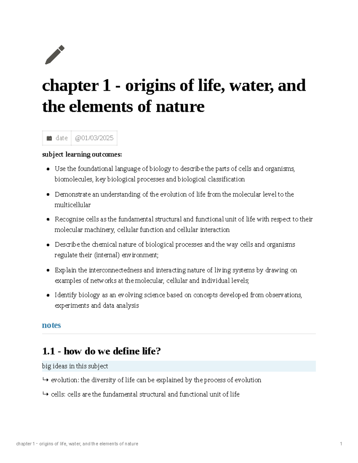 Chapter 1 - Origins of Life, Water, and Elements of Nature (Biology 101 ...