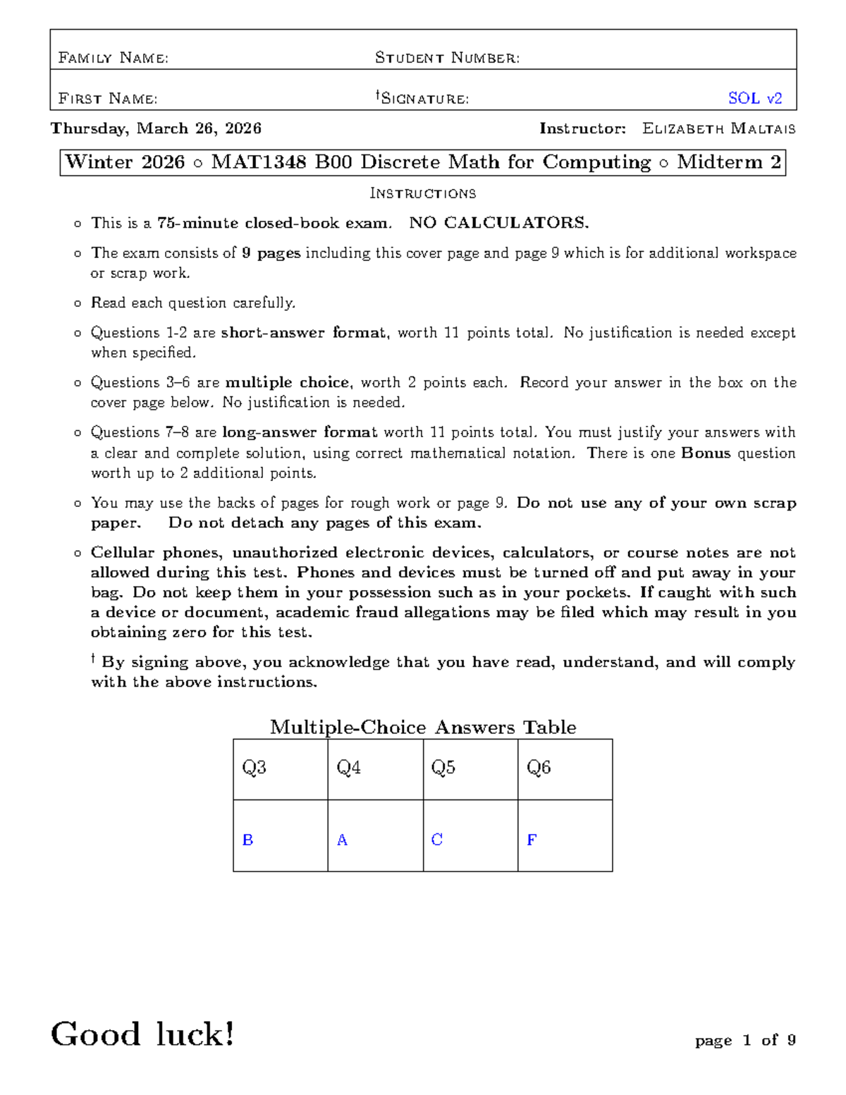 MAT1348B 2026 Discrete Math Midterm 2 Solutions (Version 2) - Studocu