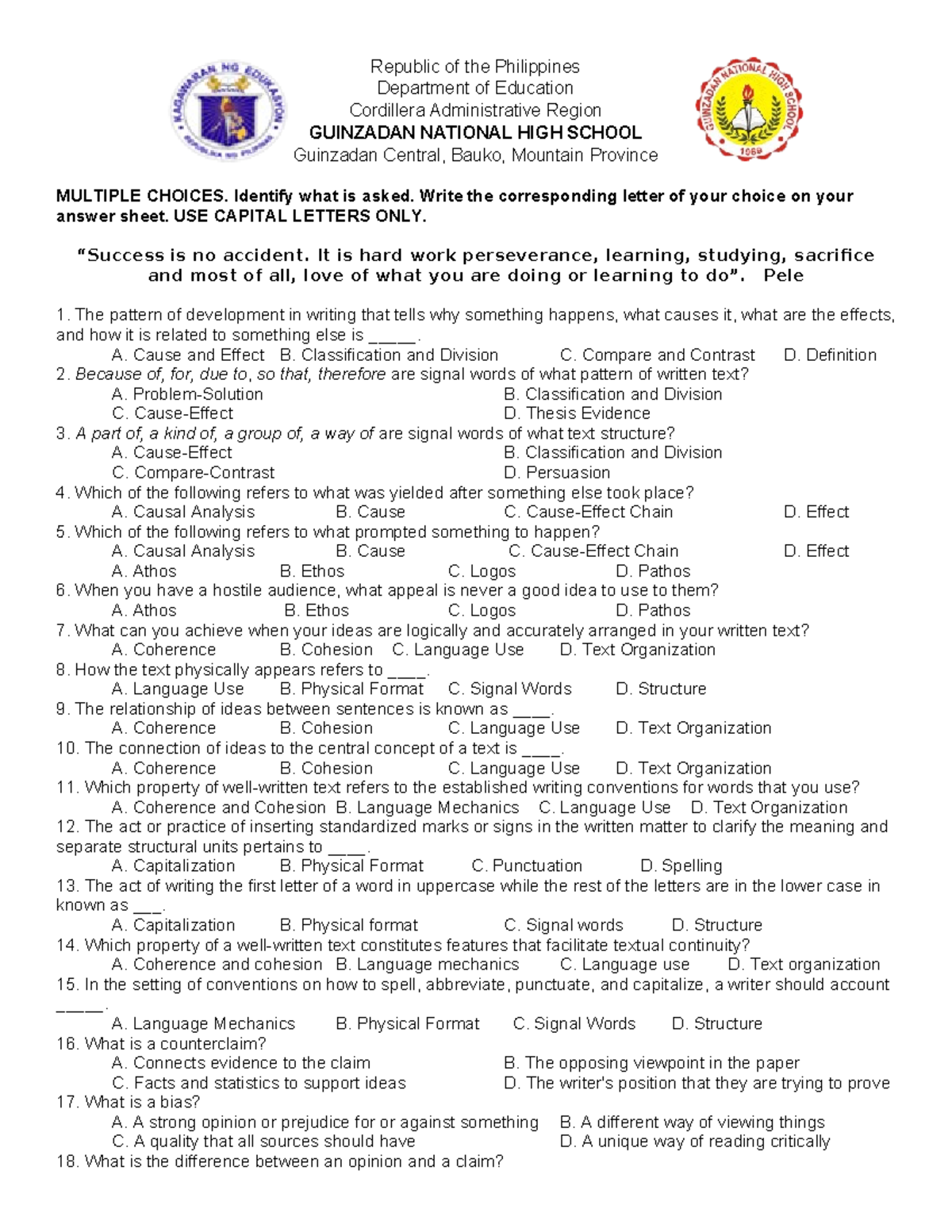 Reading and Writing Exam Guide: 3rd Quarter Review - Studocu