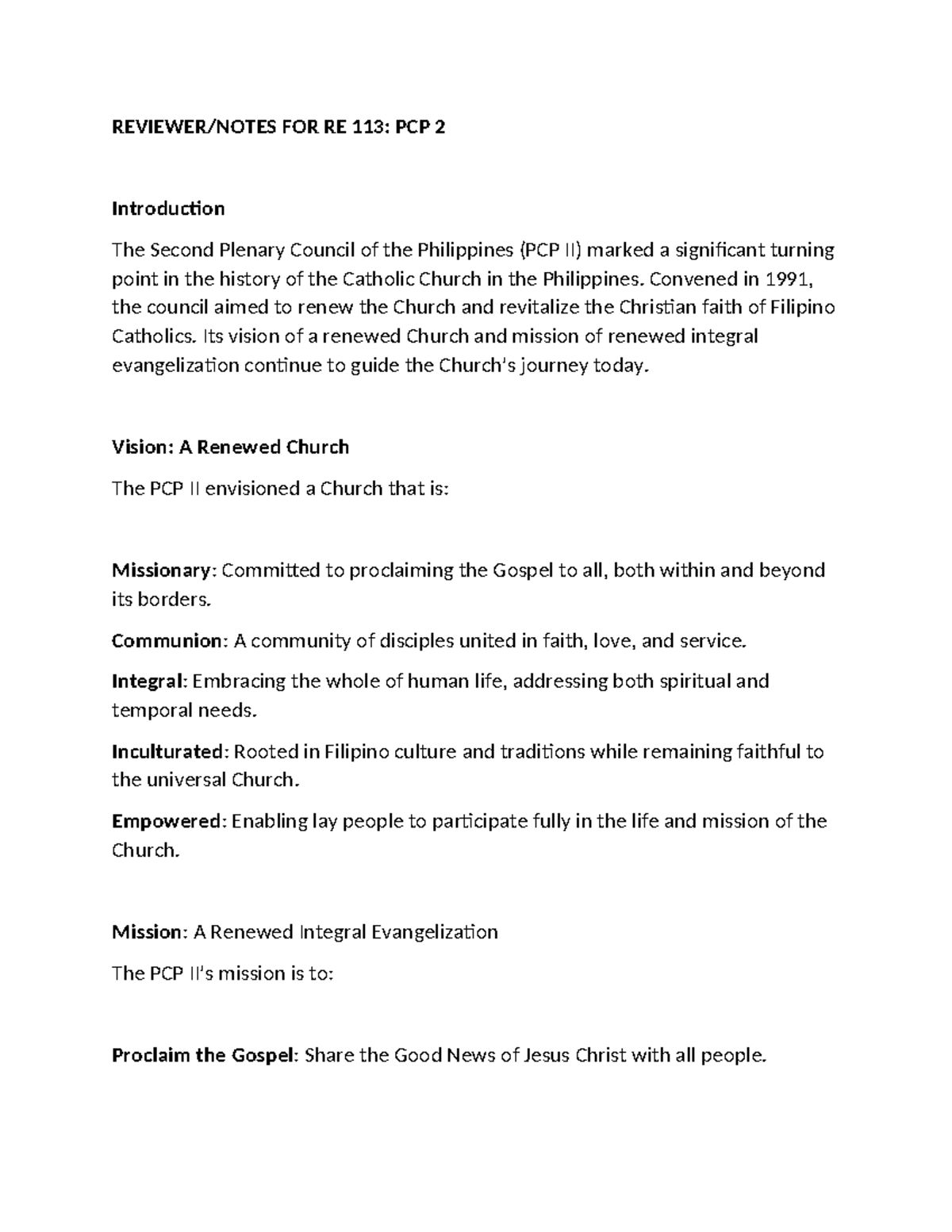 FOR RE 113: PCP II Overview and Mission of the Church - Studocu