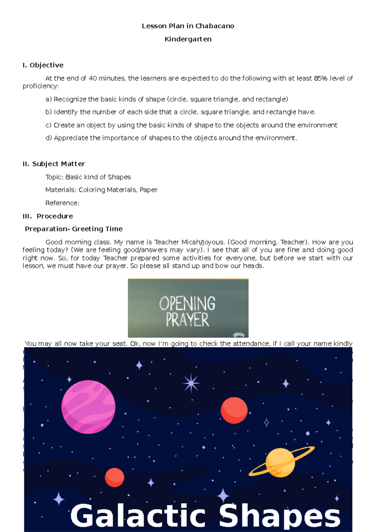 Lesson Plan for Kindergarten: Basic Shapes in Chabacano - Studocu