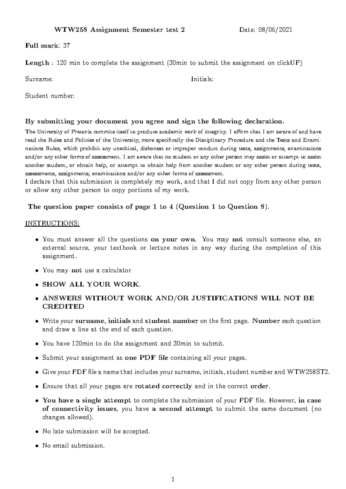 WTW258 ST2 (2021) - Semester Test 2 of WTW 258 2021 - WTW258 Assignment ...
