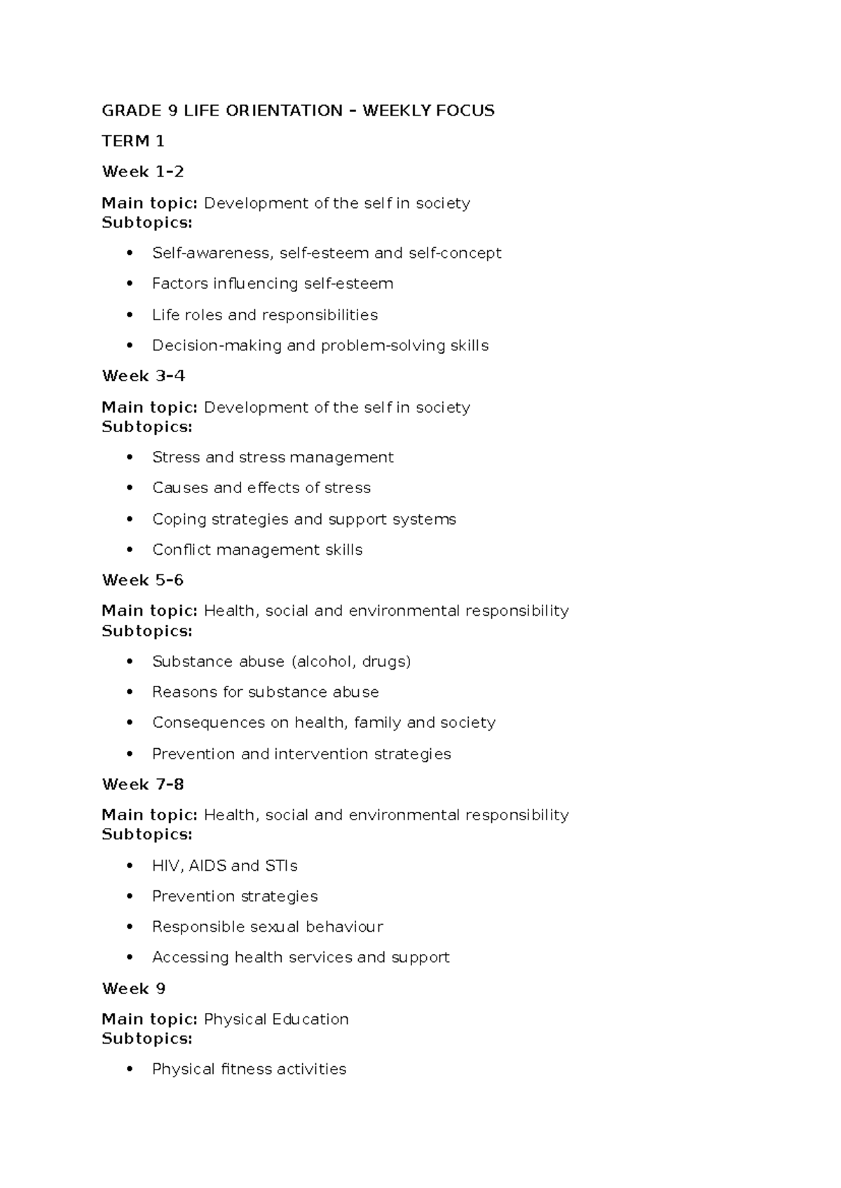 GRADE 9 LIFE ORIENTATION WEEKLY FOCUS TERM 1 Overview - Studocu