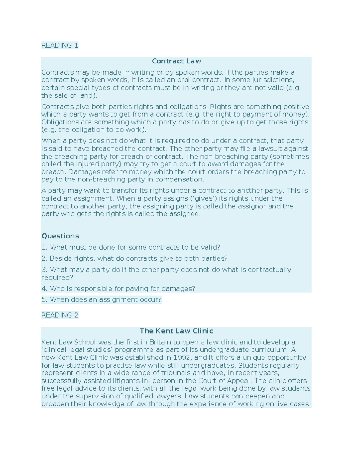 Contract law reading notes for law course (LAW101) - Studocu