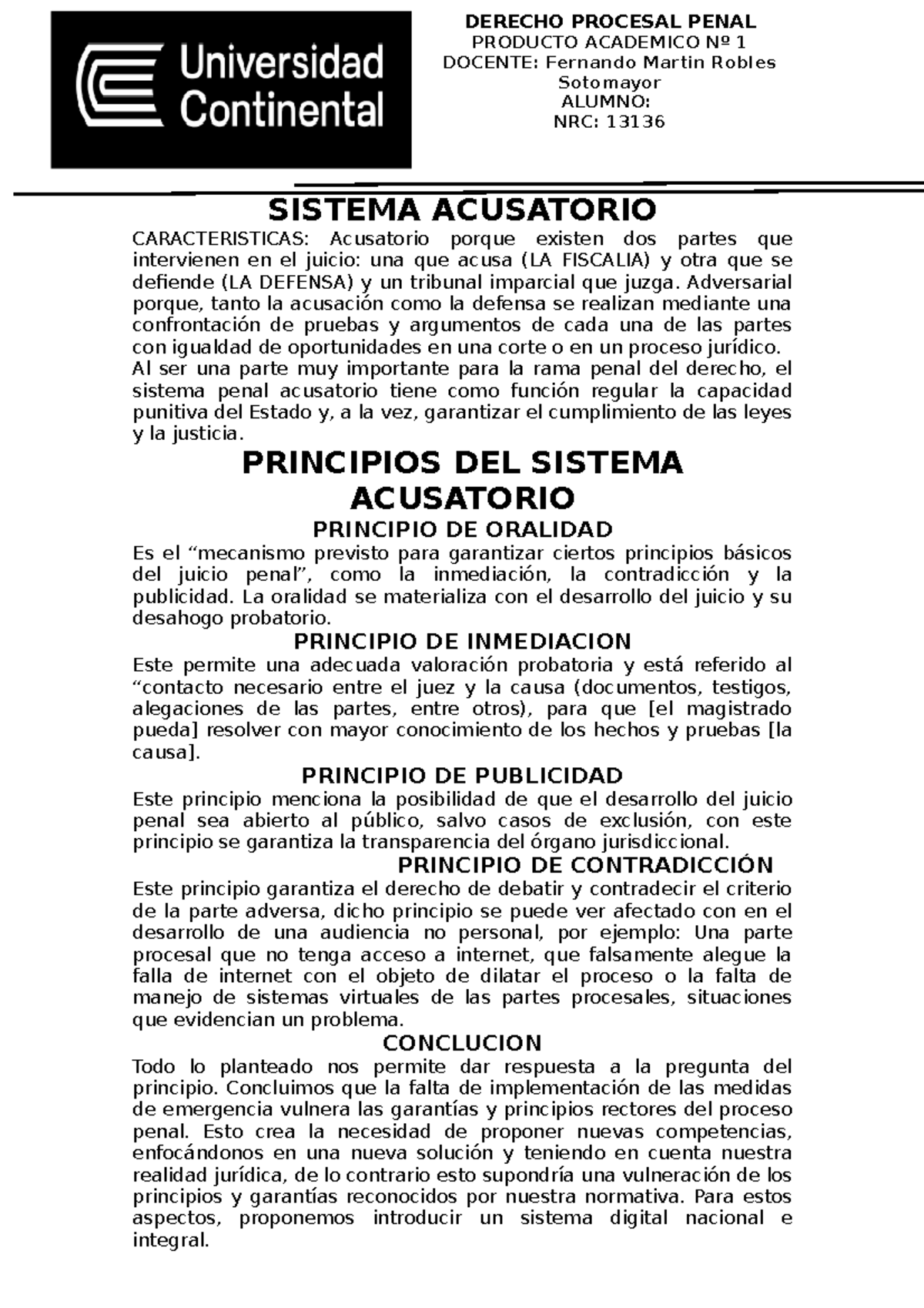Sistema Acusatorio en Derecho Procesal Penal - PA01 - Studocu