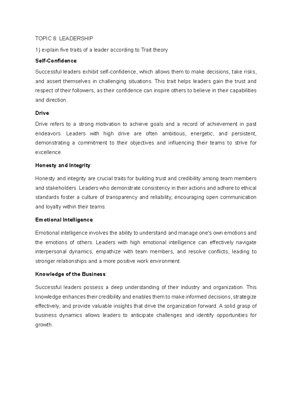 Chapter 6 Leadership - Key Traits and Theories (Course Code: LEAD101 ...