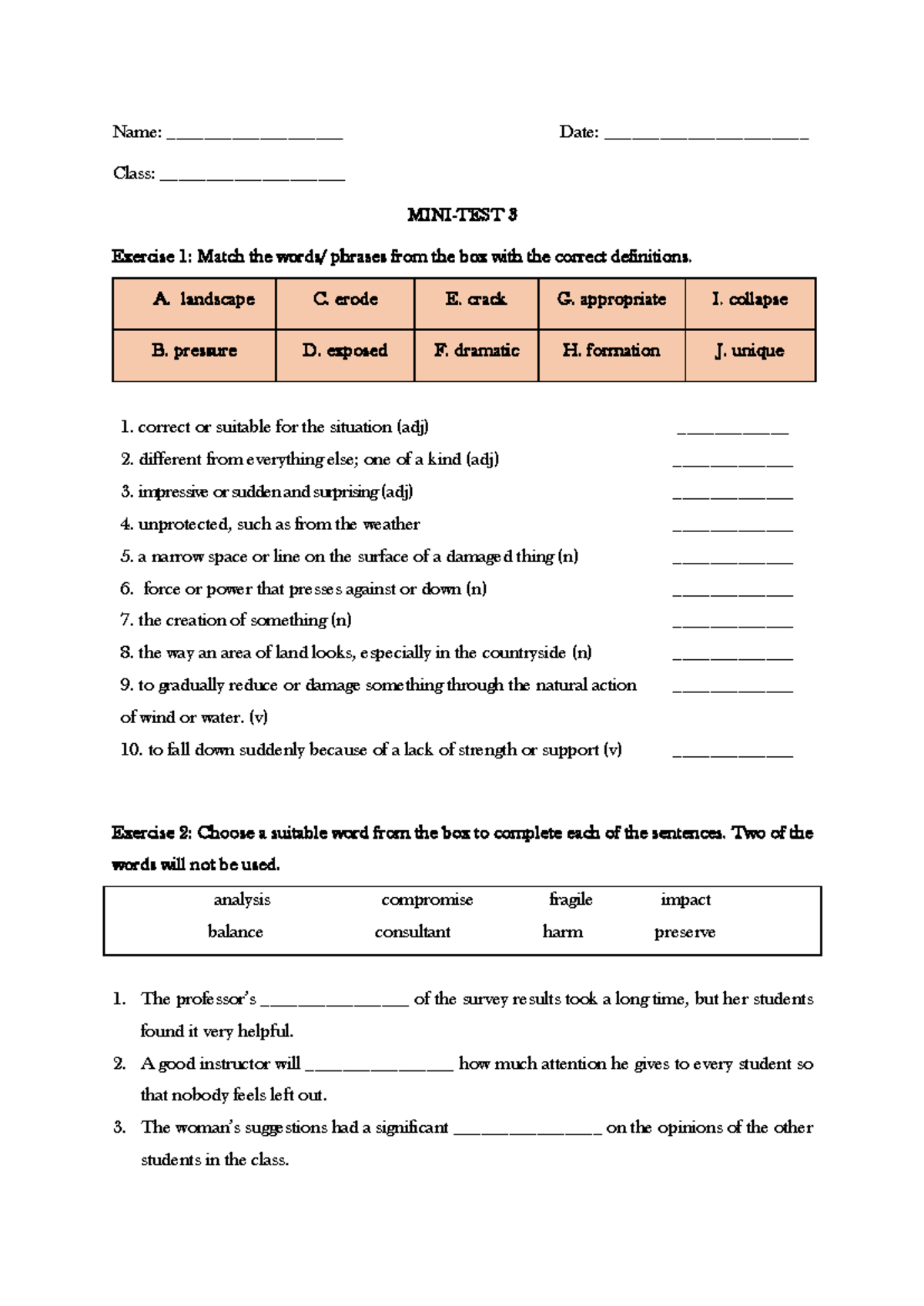 Theme 2 Week 5 Mini-Test 3: Vocabulary Matching & Sentence Completion ...