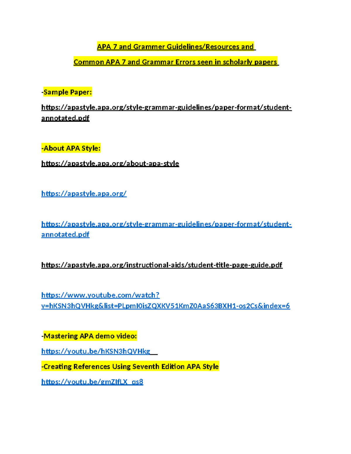 APA 7 Resources & Grammar Guidelines: Common Errors Explained - Studocu
