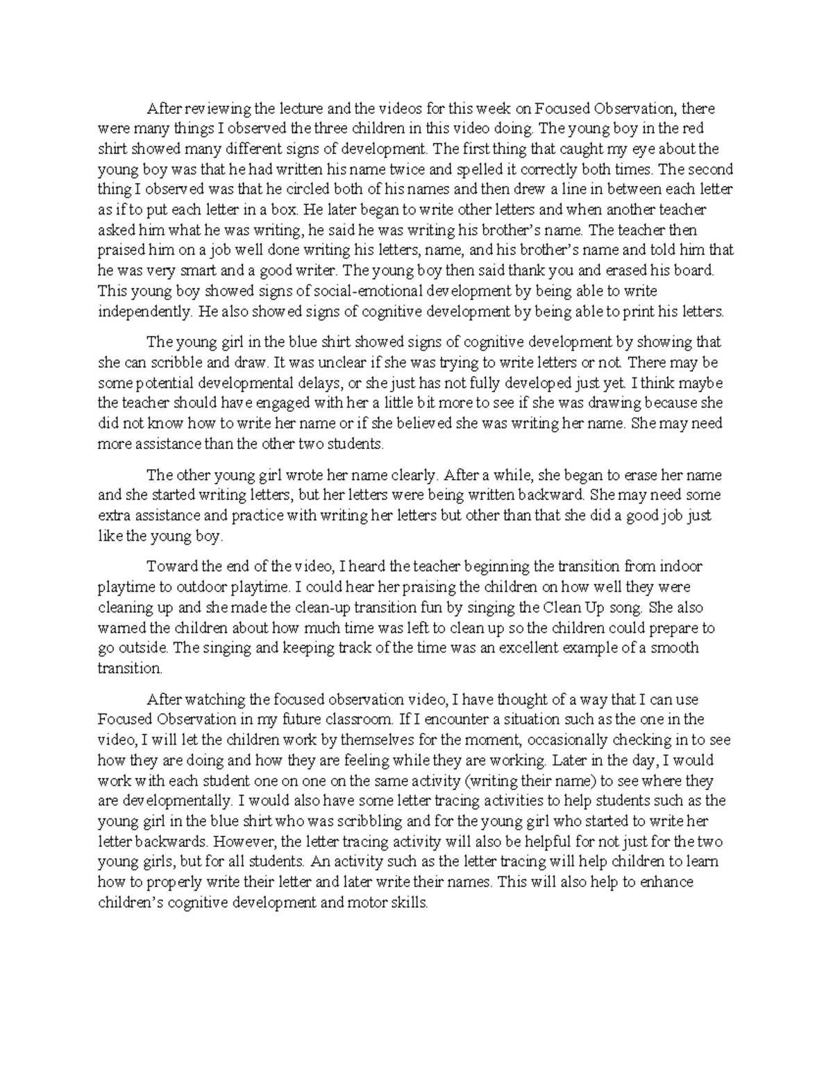 EDU 210 Week 4 Focused Observation Assignment Reflection - Studocu