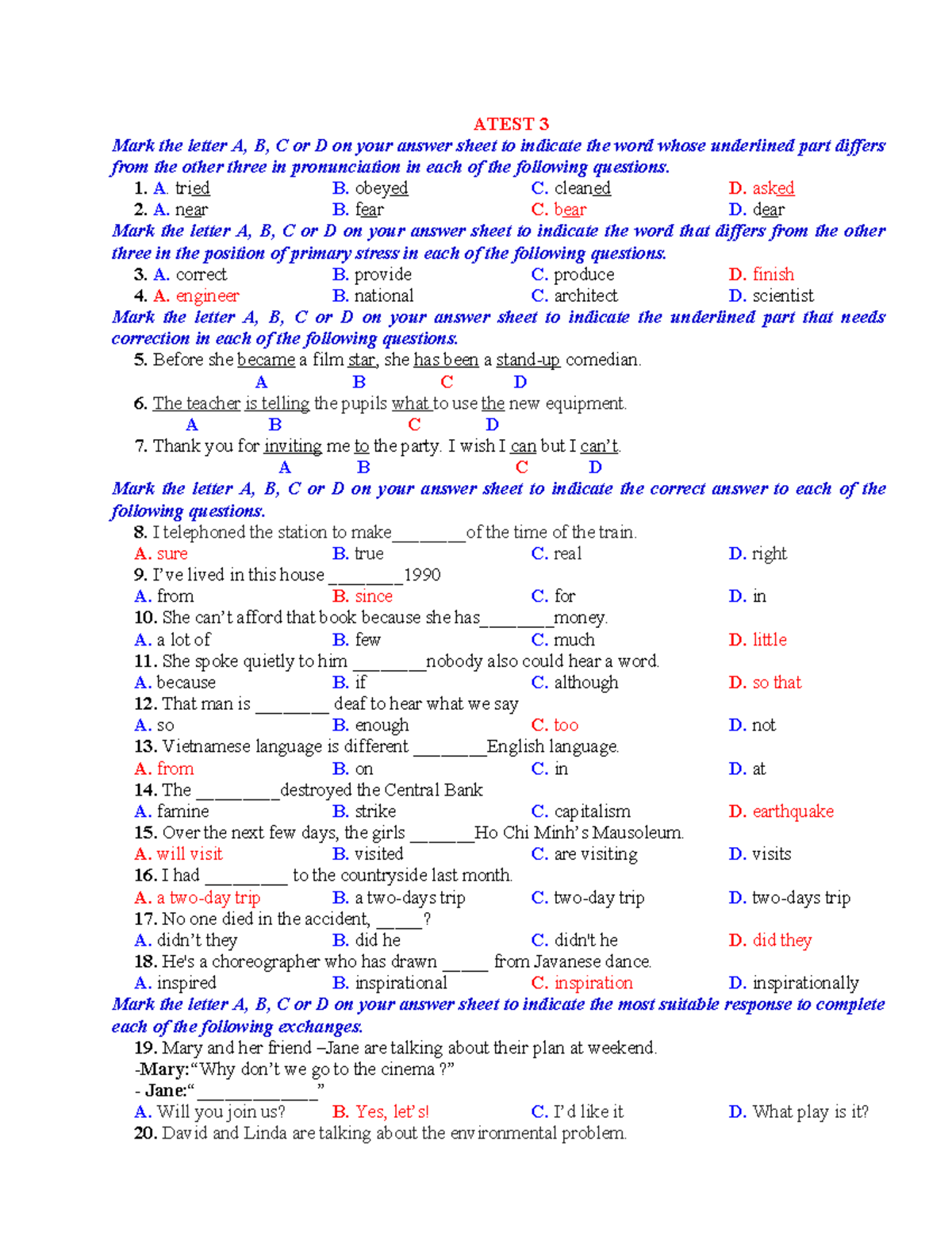KEY TEST 3-7 - English Language Practice and Answer Key - Studocu