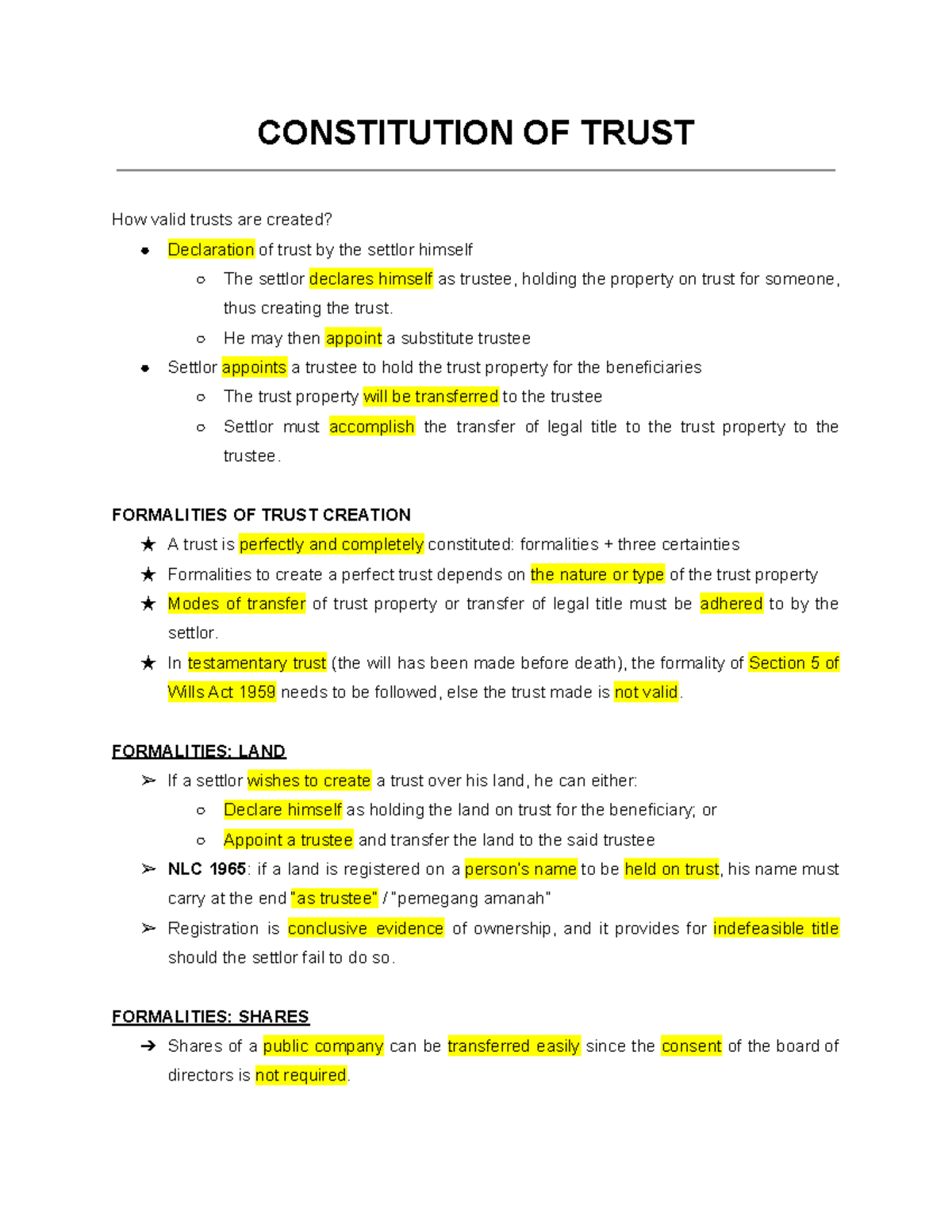 NLC 1965: Constitution of Trust and Validity of Creation - Studocu