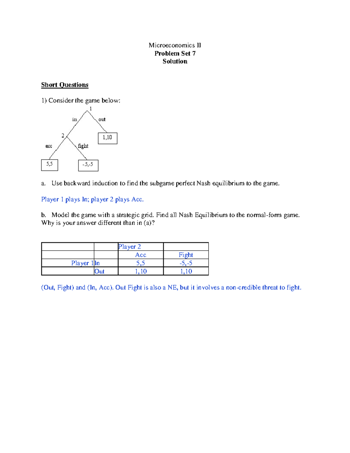 Problem Set 7 Solution - Microeconomics II Problem Set 7 Solution Short ...