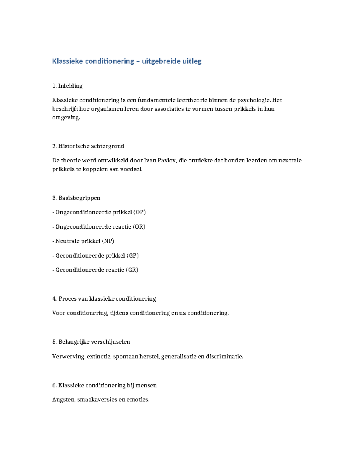 Klassieke Conditionering Uitleg en Toepassingen in de Psychologie - Studocu