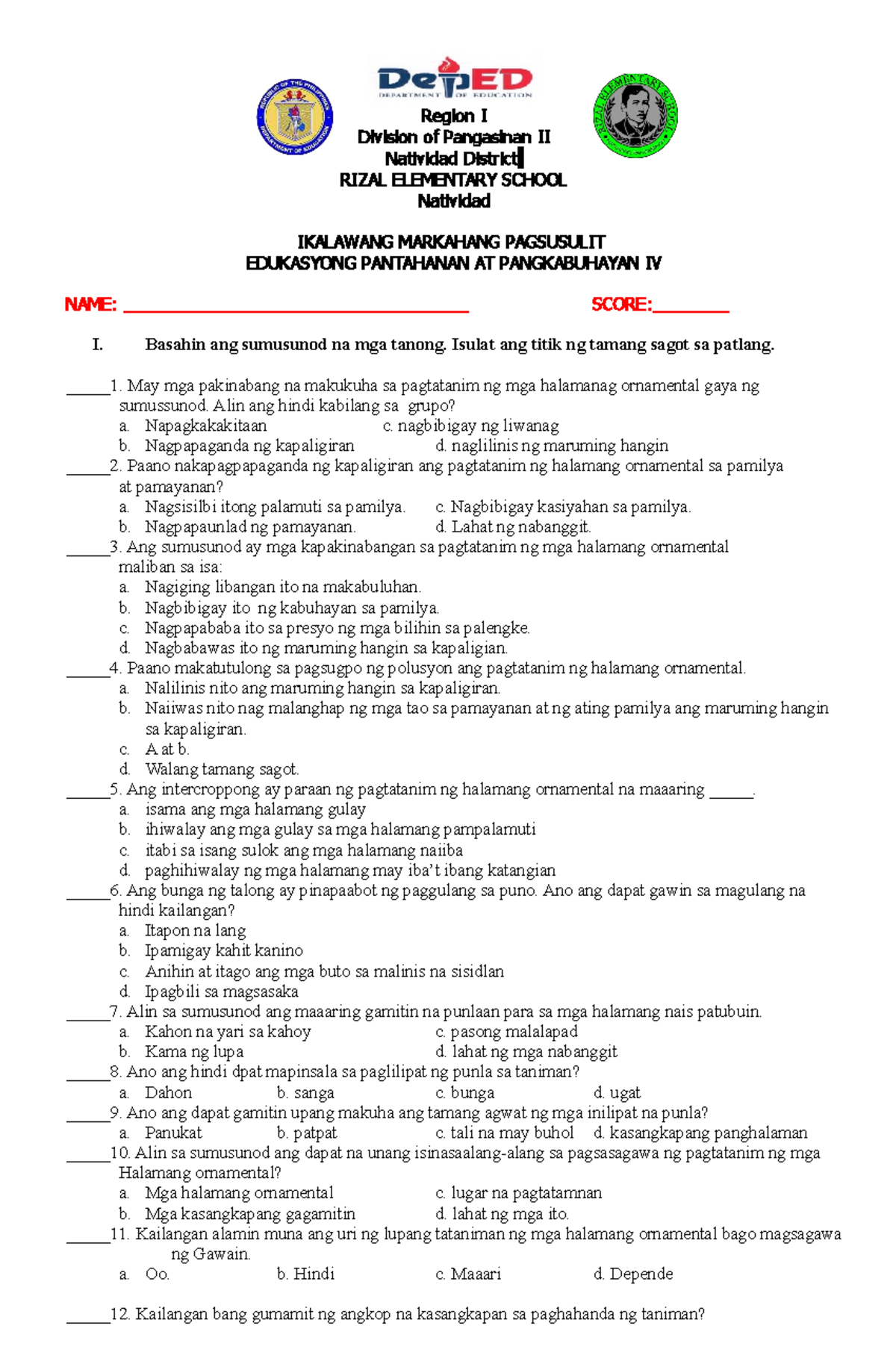 PT EPP 4 2ND Periodical Test Study Materials for Edukasyong Pantahanan ...