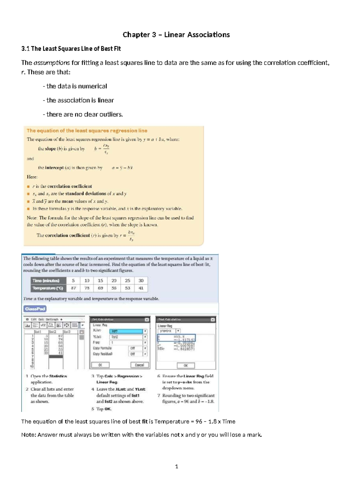Chapter 3: Linear Associations & Least Squares Line of Best Fit Notes ...