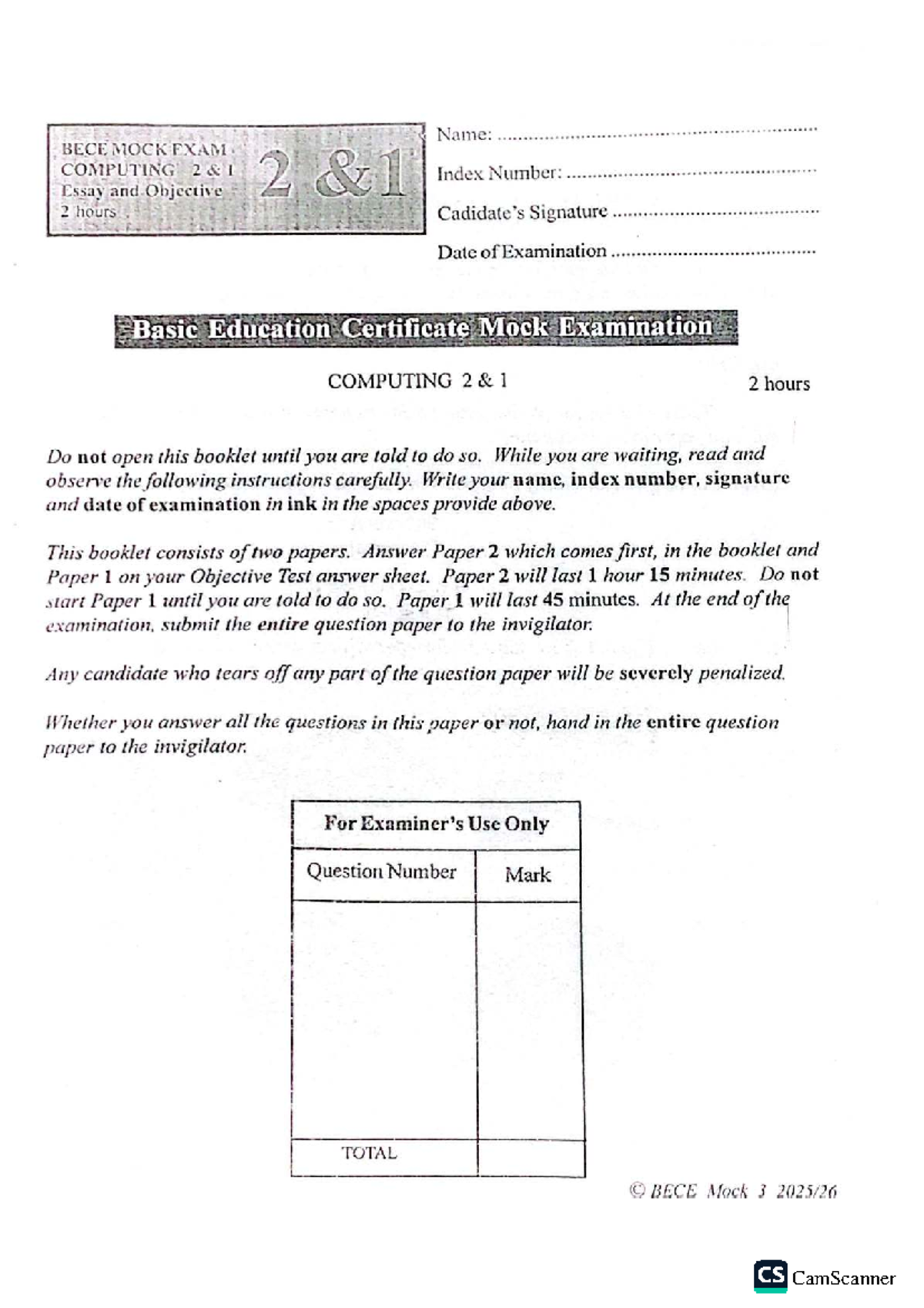 BECE Mock Exam 2025: Computing Paper 2 Essay Questions - Studocu