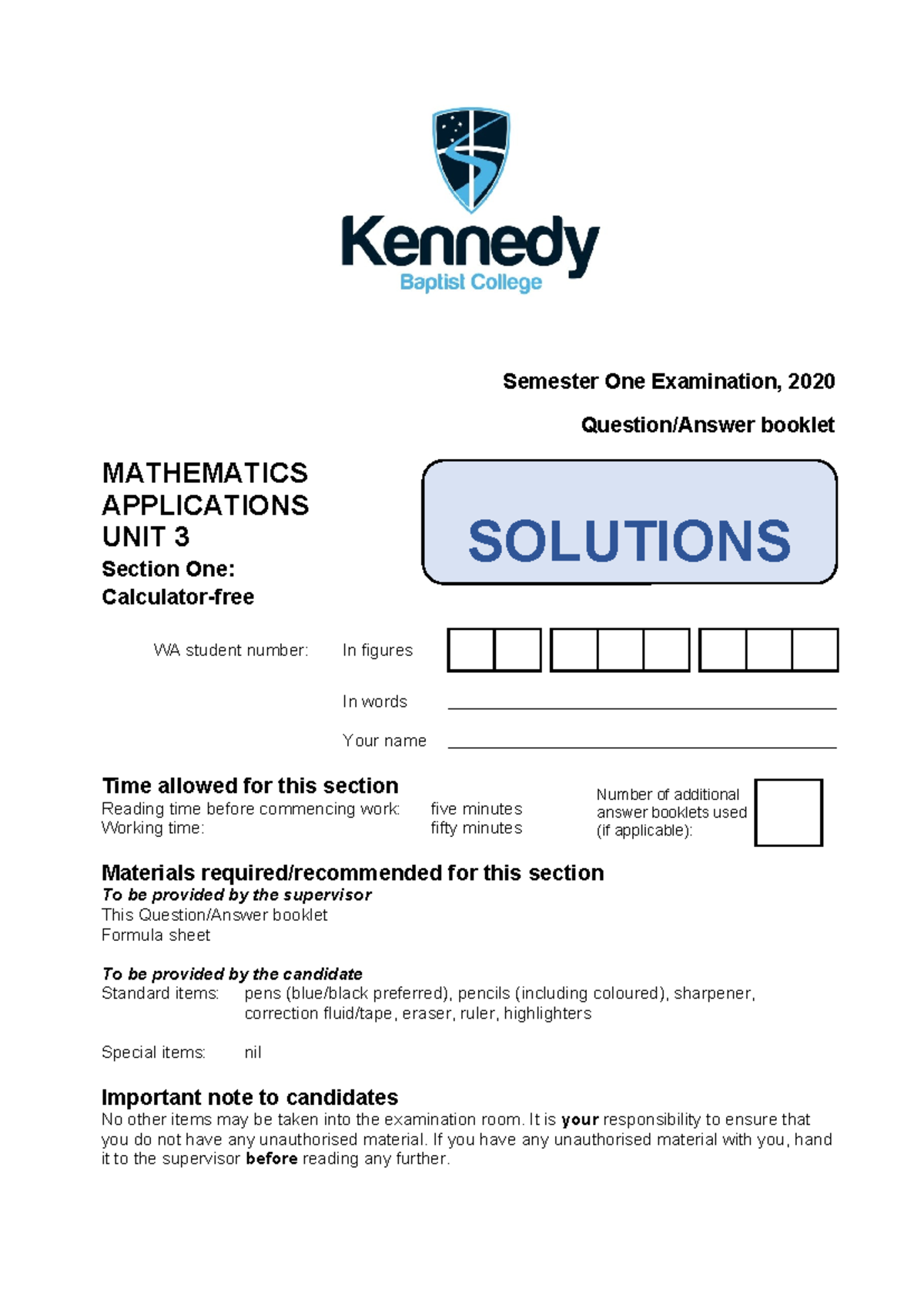 WAEP 2020 YR12 APPS U3 S1 Exam Solutions - Studocu