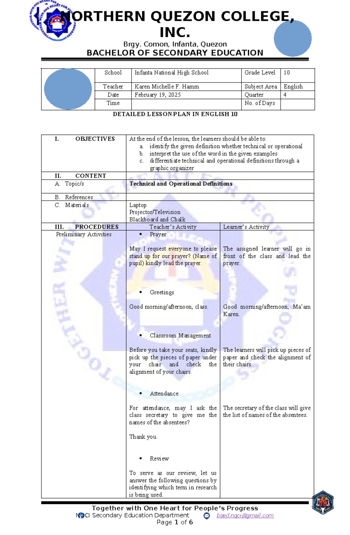 Q4 L3 Detailed Lesson Plan: Technical vs Operational Definitions - Studocu