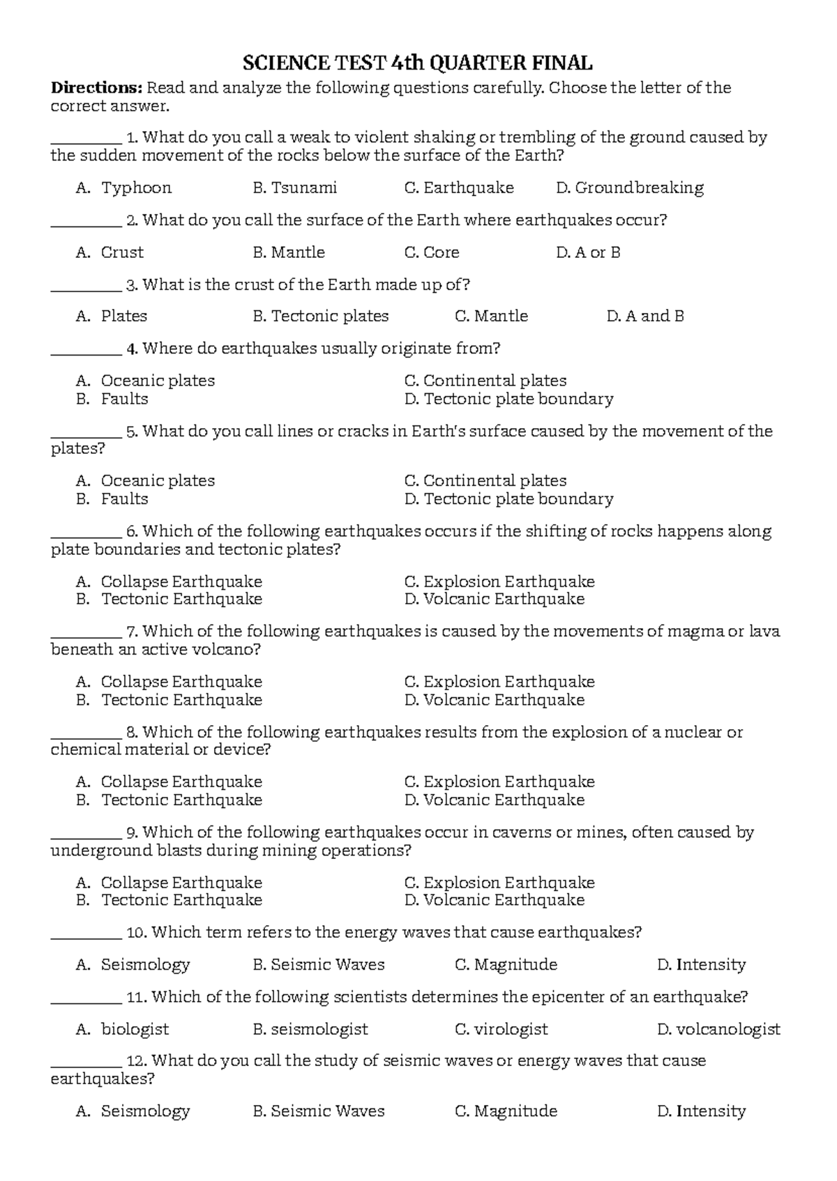 SCIENCE TEST 4th QUARTER FINAL Review and Practice Questions - Studocu