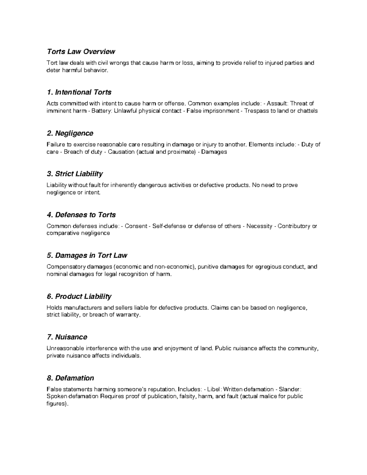Torts Law Overview: Key Concepts and Defenses (LAW 101) - Studocu