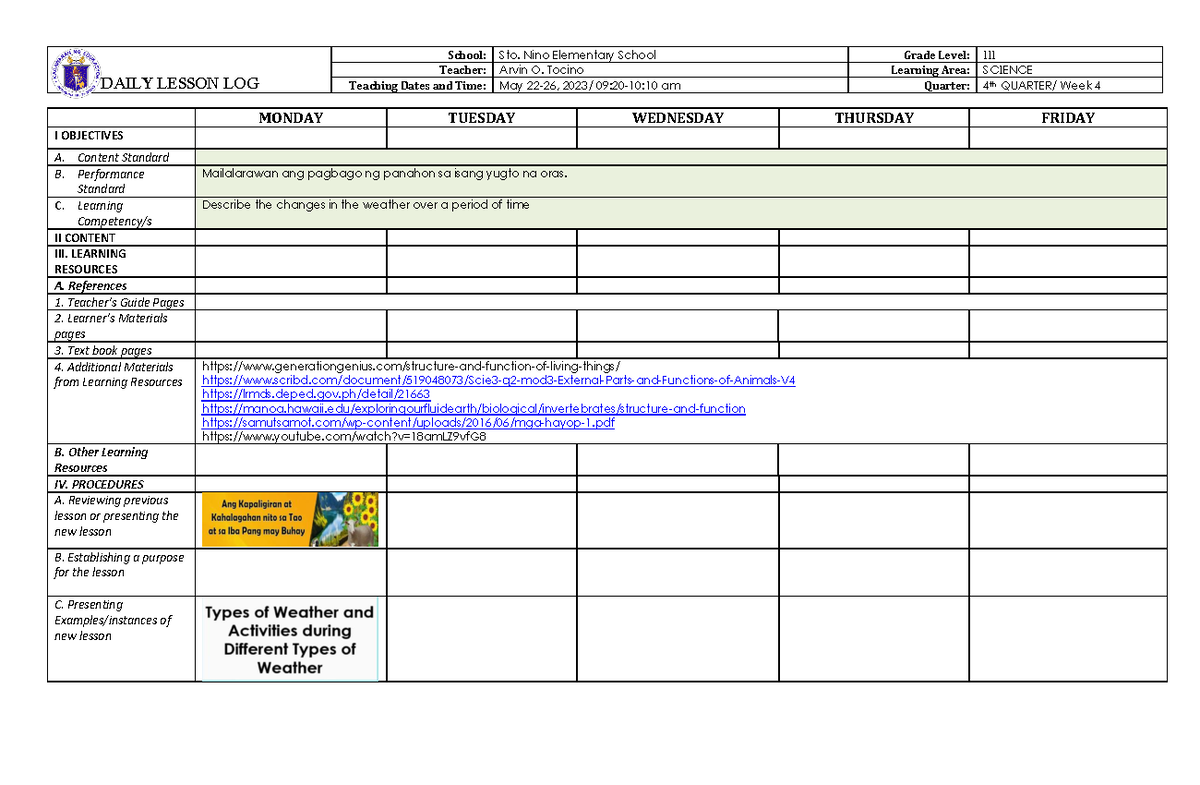 Dll-Q4-W4: Science Lesson Plan for Grade 3 (May 22-26, 2023) - Studocu
