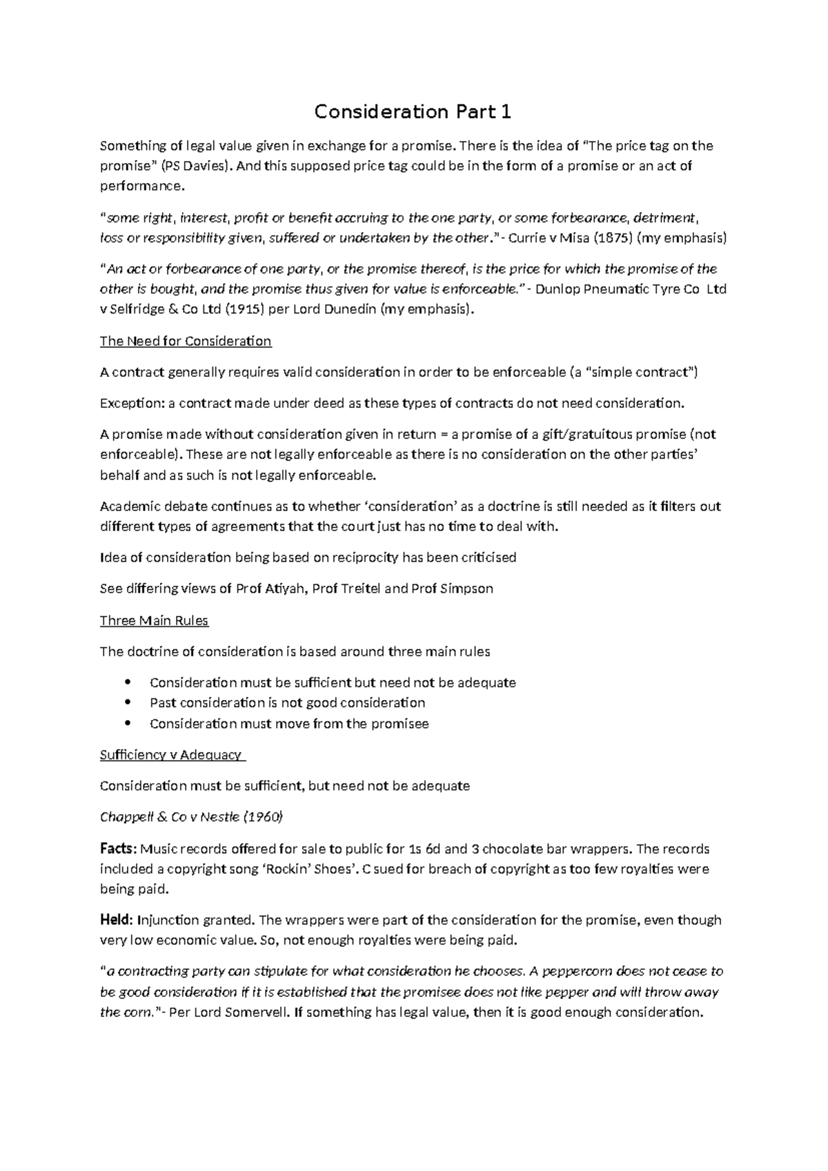 Consideration in Contract Law: Key Principles and Cases (LAW101) - Studocu