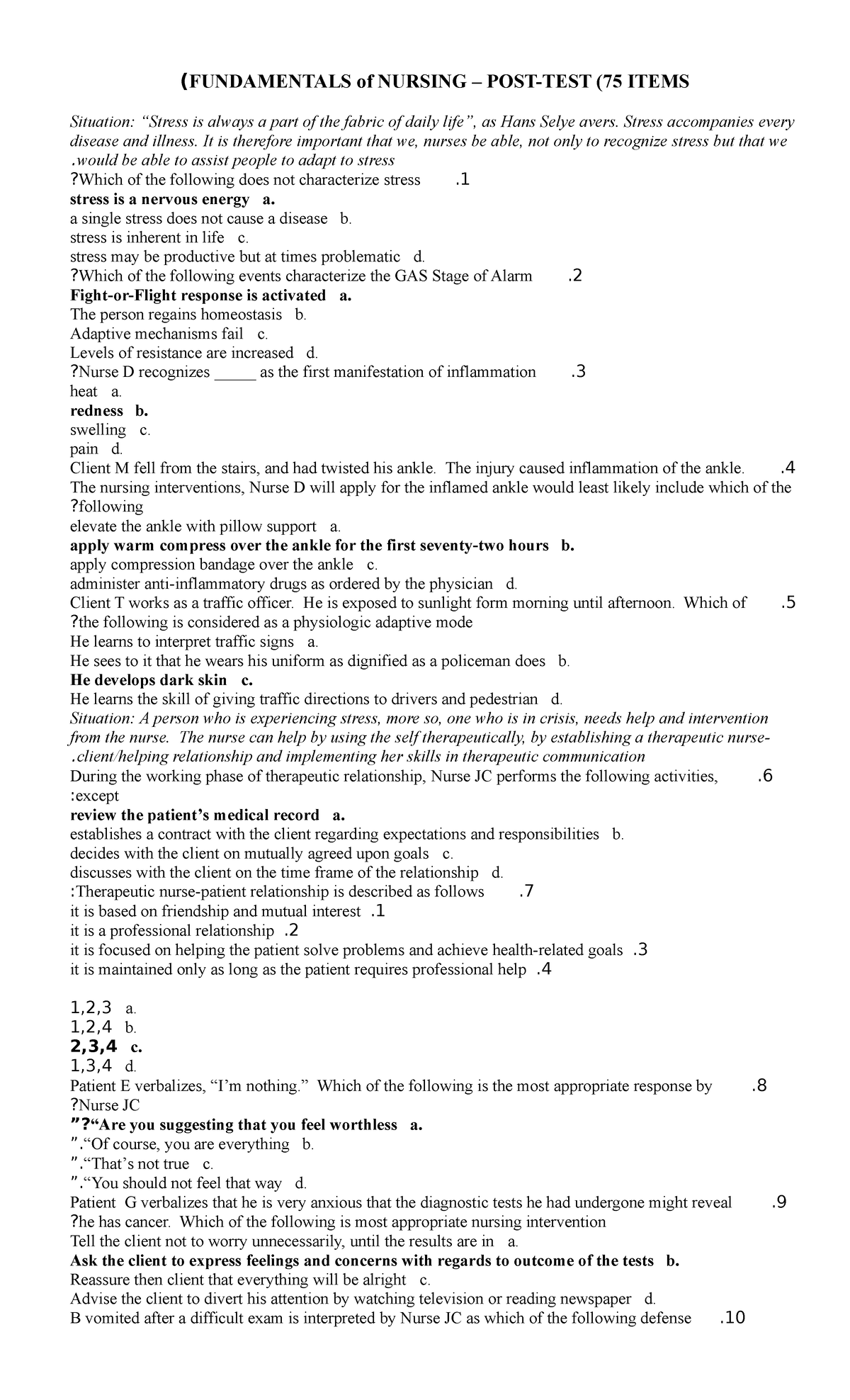 2021 LNU Fundamentals of Nursing Post-Test Review (75 Items) - Studocu