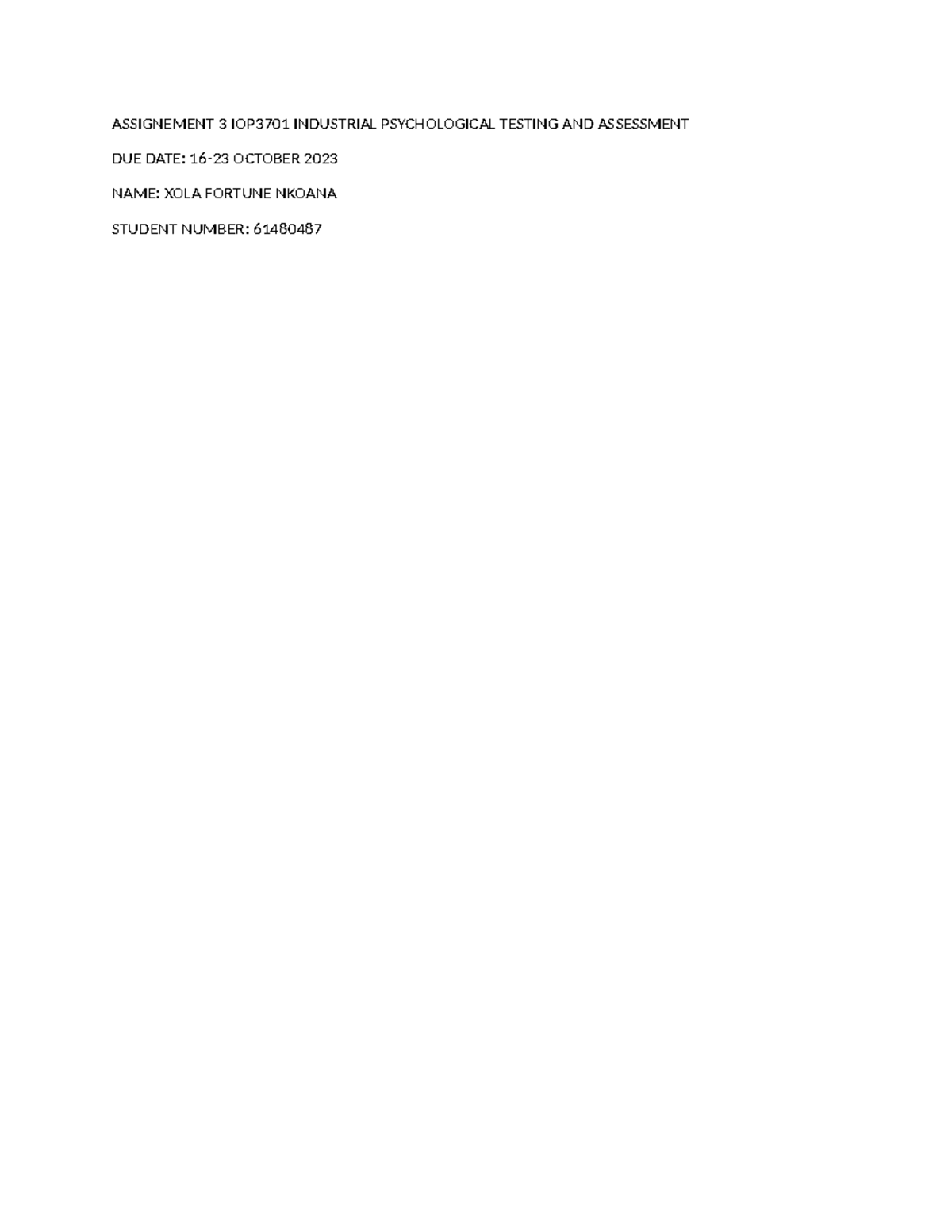 Assignment 3 IOP3701: Industrial Psychological Testing & Assessment ...