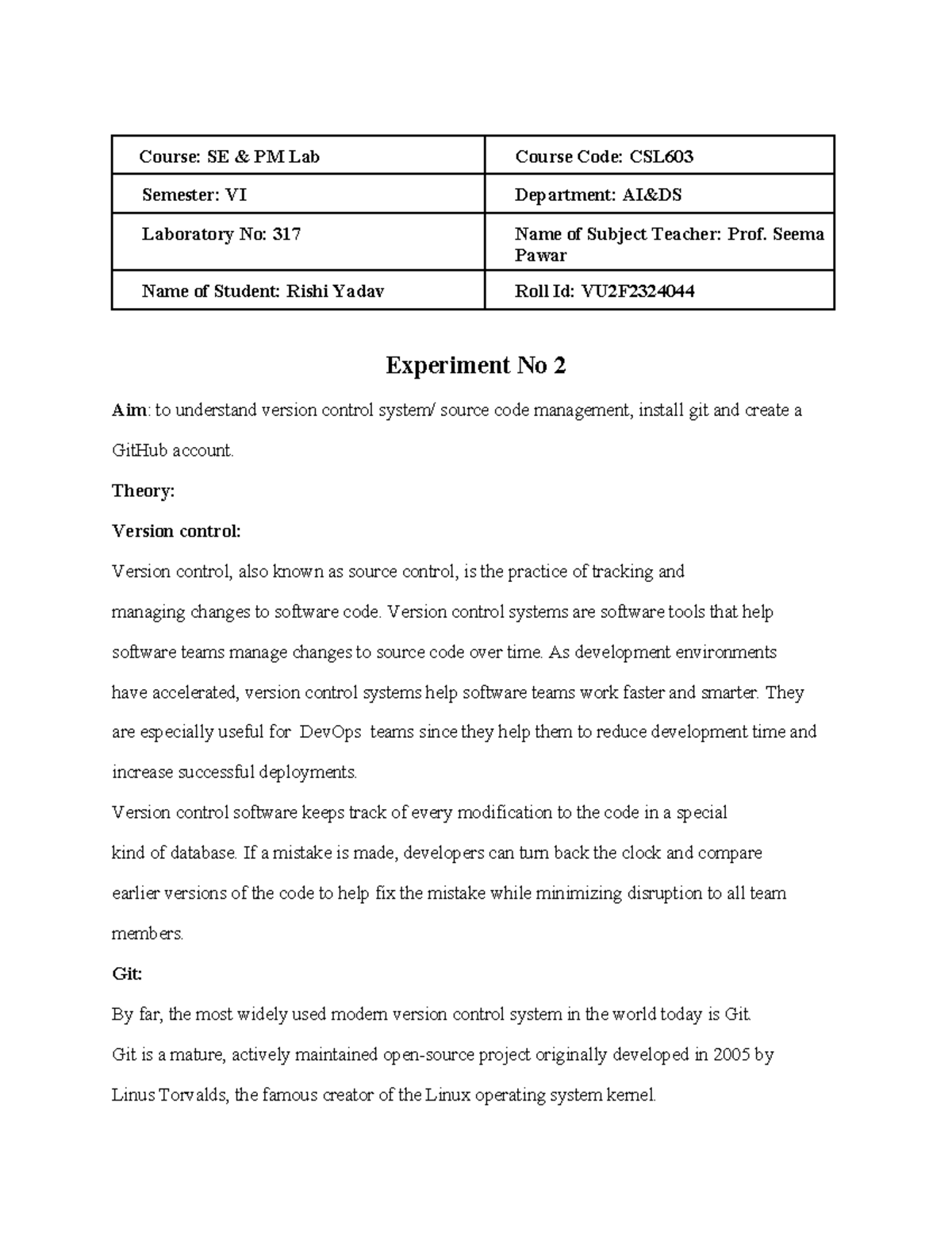 CSL603 SE PM Lab: Experiment 2 - Understanding Version Control with Git ...