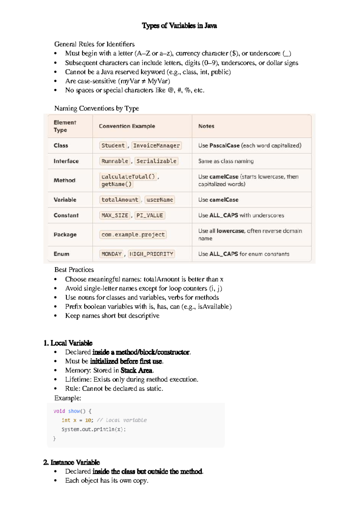Java Variables and Identifiers: Types, Rules, and Best Practices - Studocu