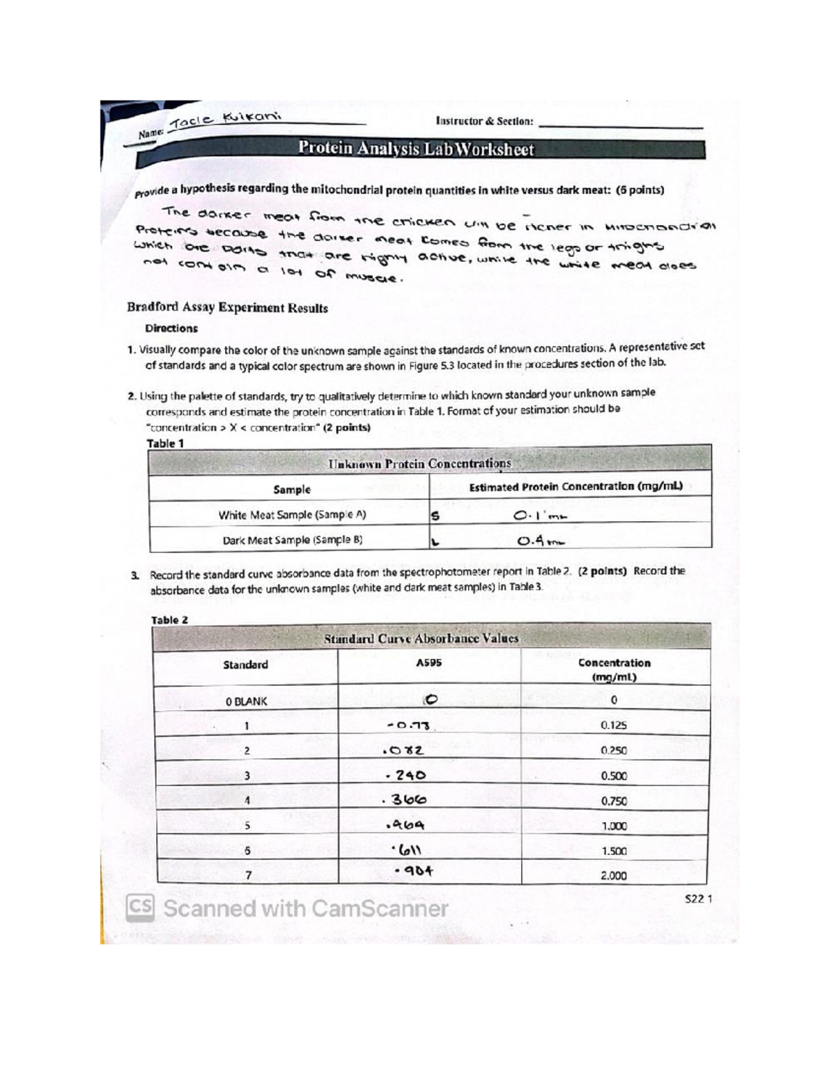 Protein analysis lab - Name: Tacie Kuikani Instructor Section: Protein ...