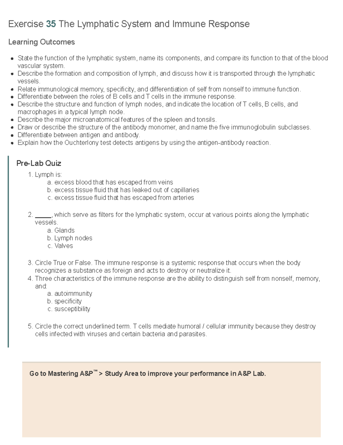 Pre Lab 35 - Quiz on Lymphatic System & Immune Response - Studocu