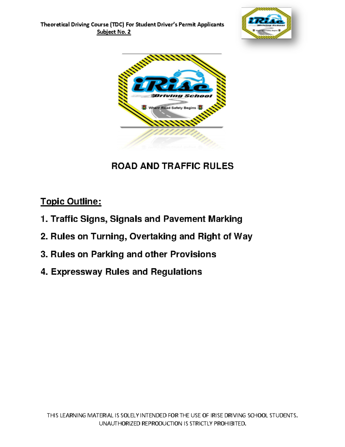 Theoretical Driving Course (TDC) Subject 2: Road & Traffic Rules ...