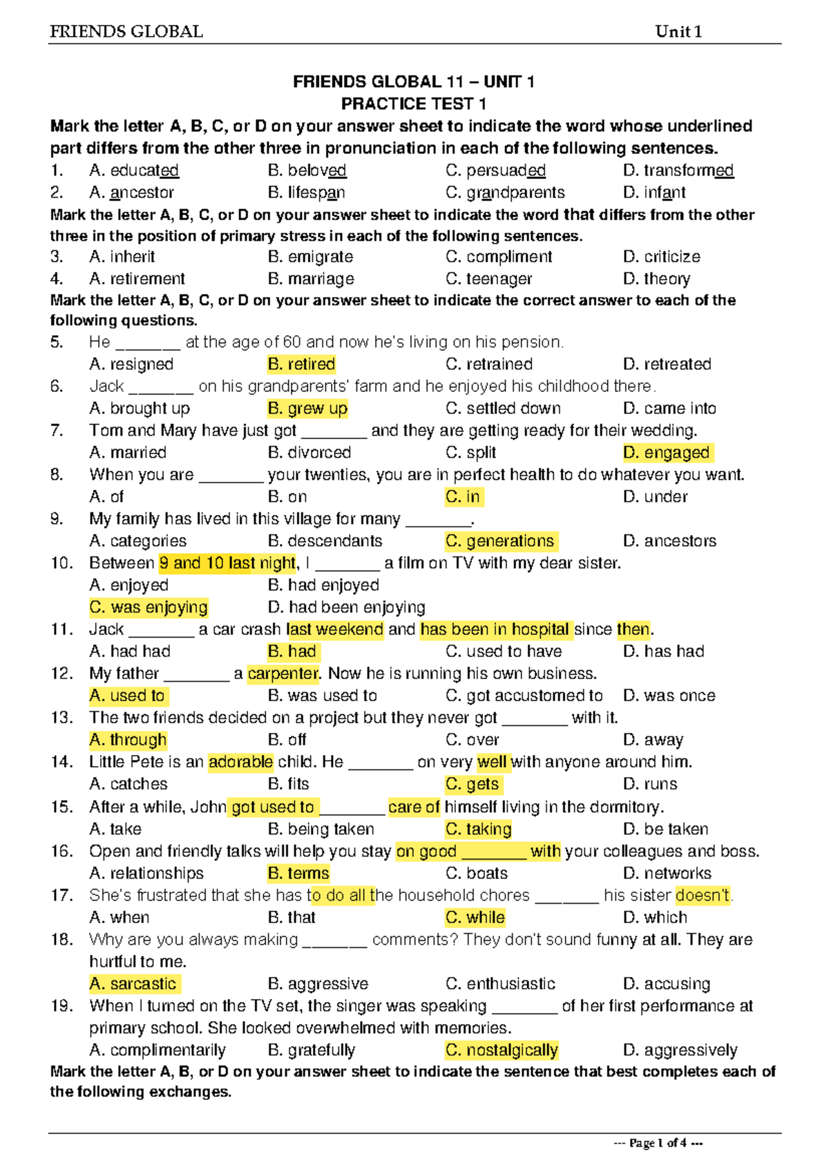 Tieng Anh 11 FRIENDS GLOBAL Unit 1 Practice Test 1 - Studocu