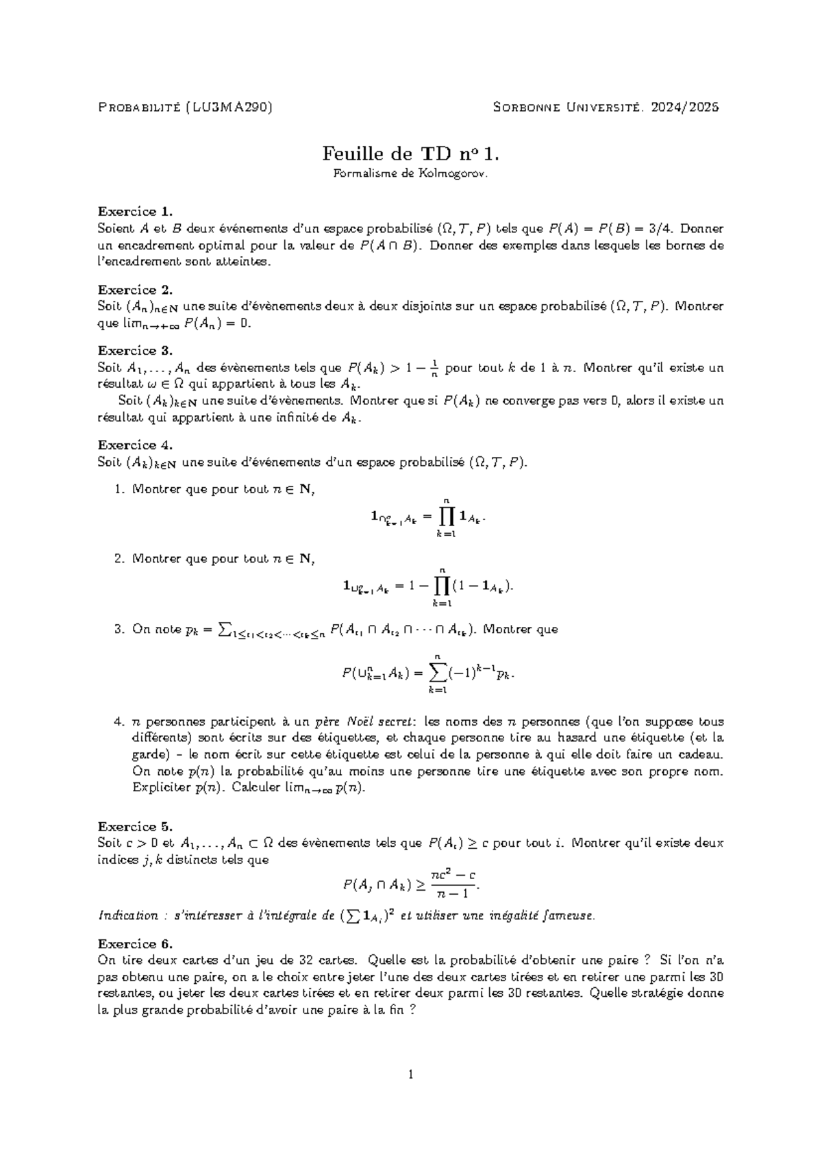 Cor TD1 (LU3MA290) : Kolmogorov Formalism Exercises and Solutions - Document Preview