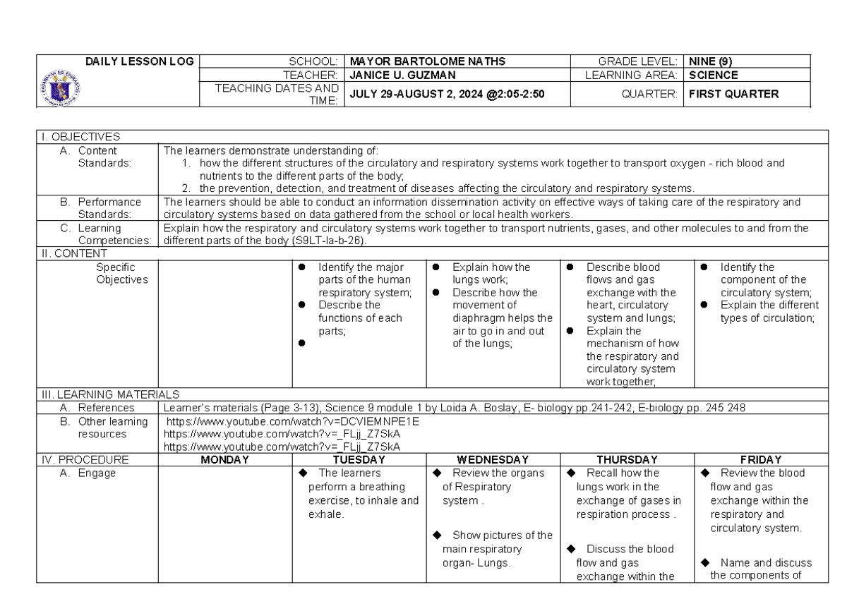 DLL SCI 9 W1 - Summary Lesson plan - DAILY LESSON LOG SCHOOL: MAYOR ...