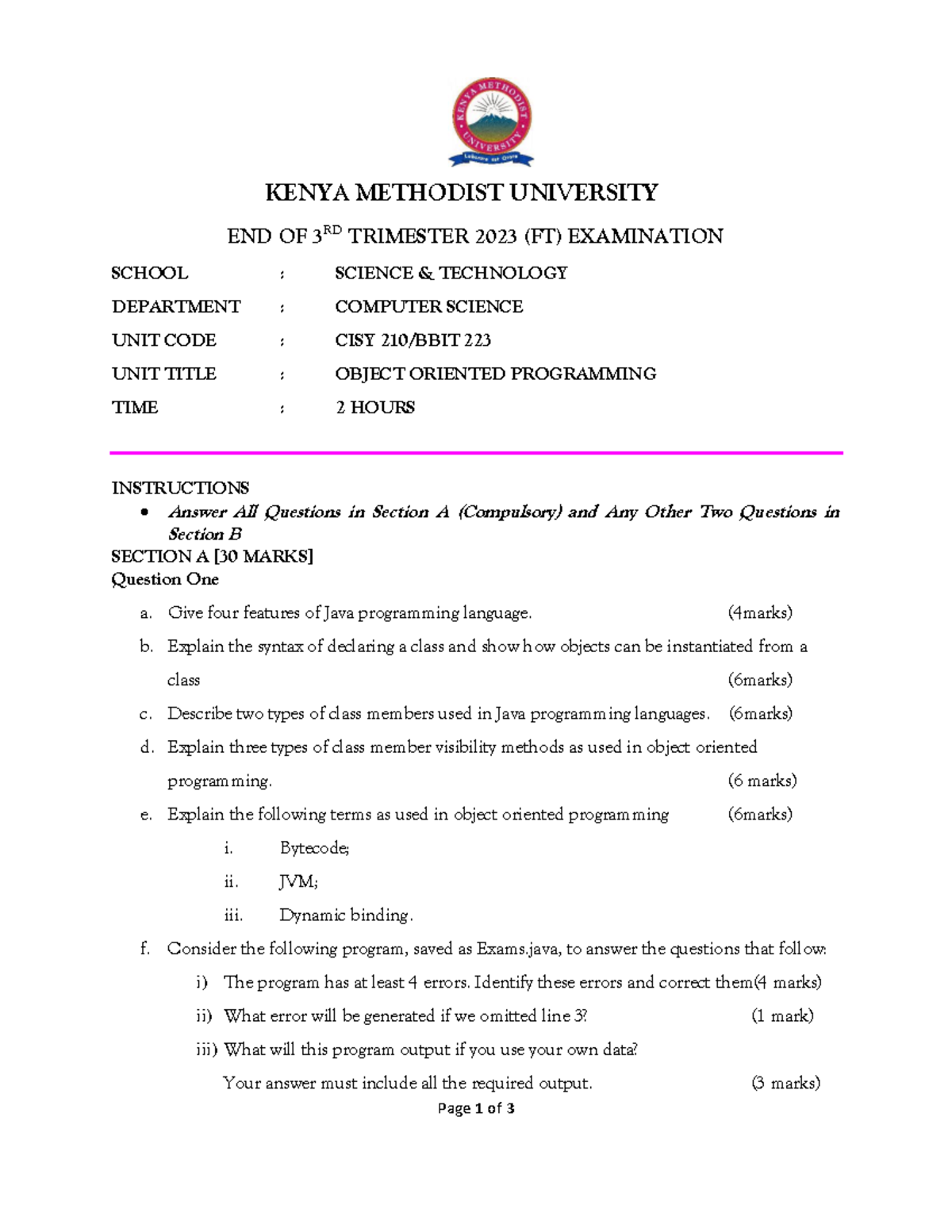 CISY 223 Final Exam: Object Oriented Programming - 3rd Trimester 2023 ...