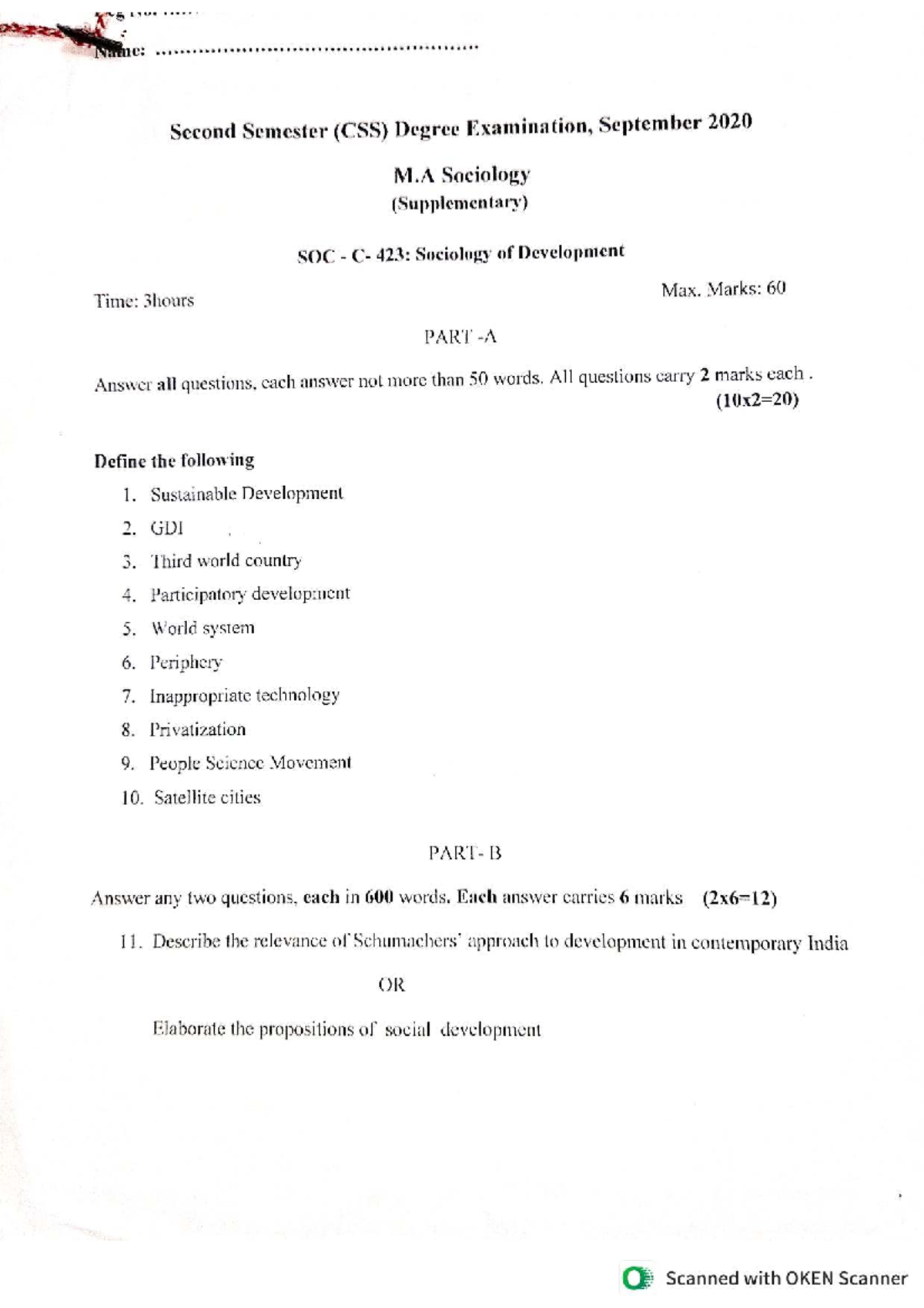 SOC 423: Sociology of Development - Second Semester Exam Questions ...